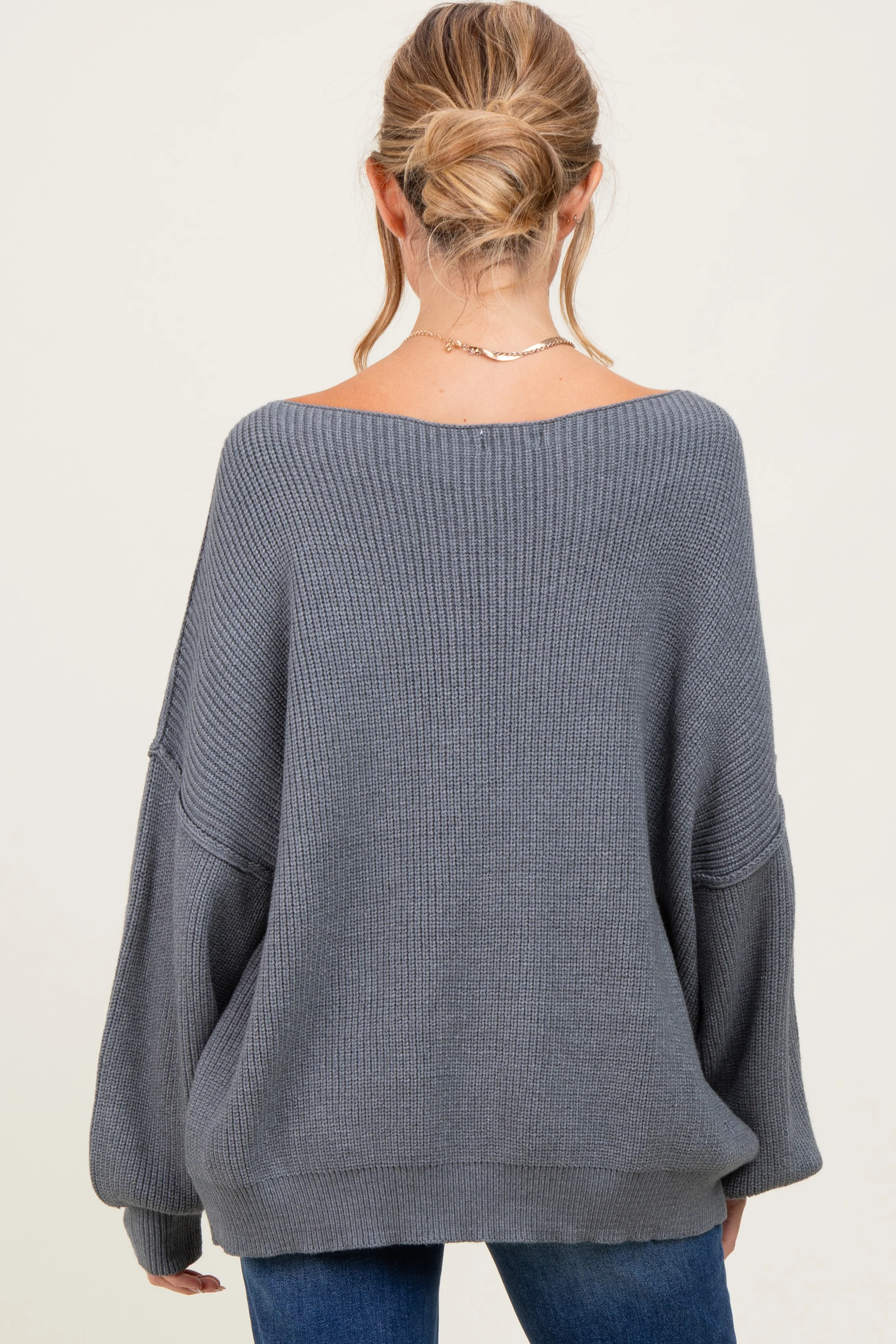 Charcoal Balloon Sleeve Boat Neck Knit Maternity Sweater - Image 3