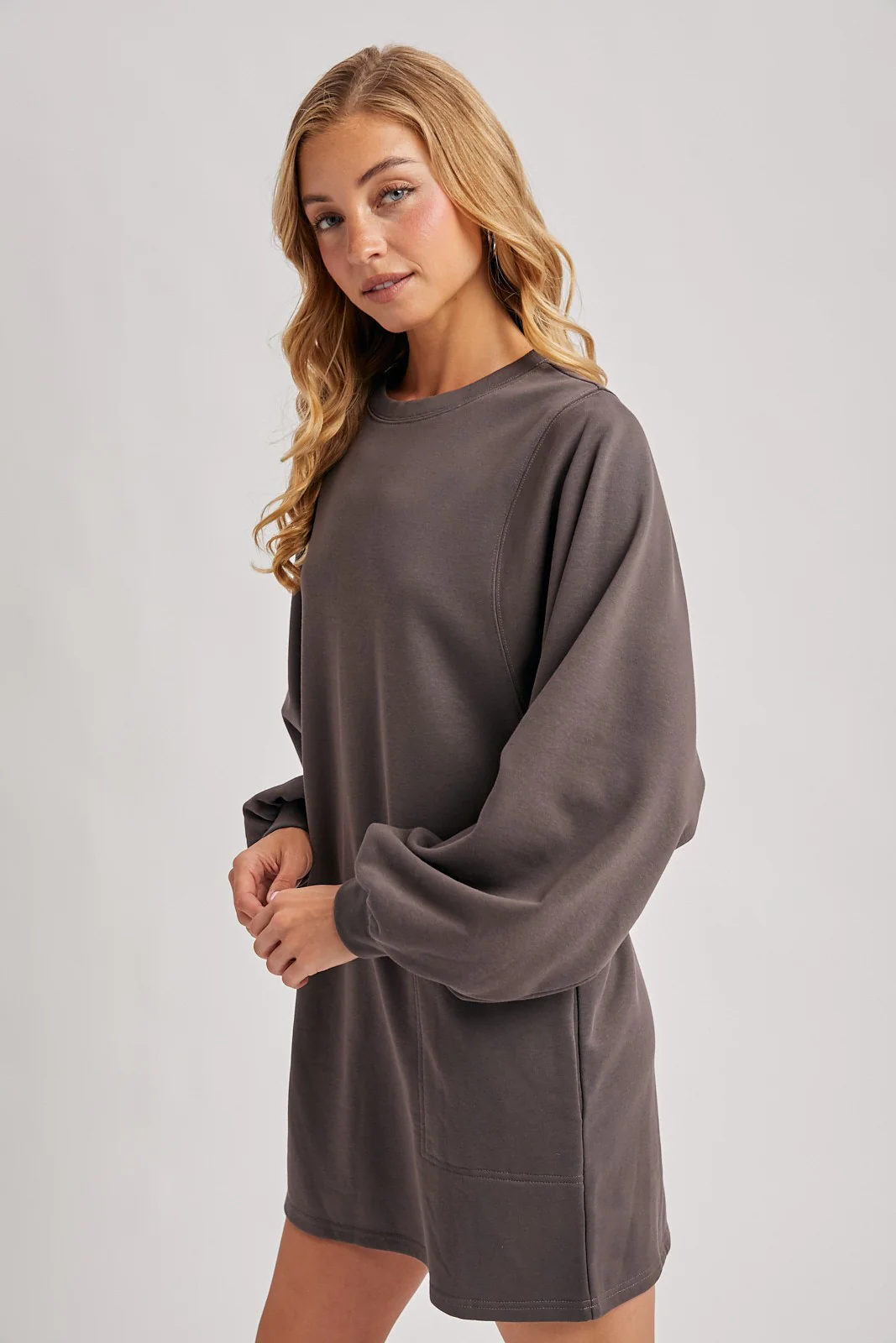 Charcoal Bubble Sleeve Sweatshirt Mini Dress - Image 3