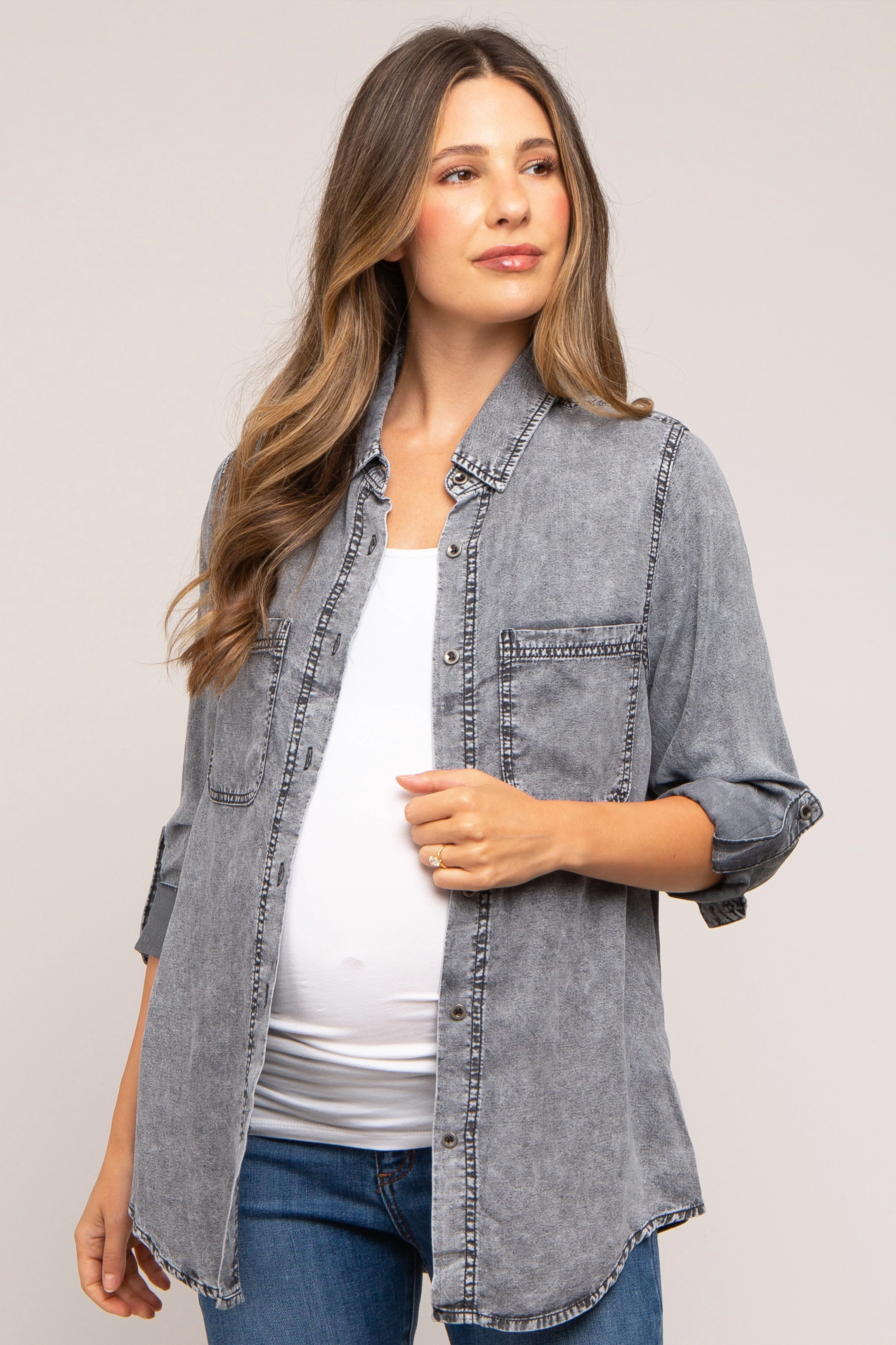 Charcoal Chambray Maternity Rolled Cuff Shirt - Image 3