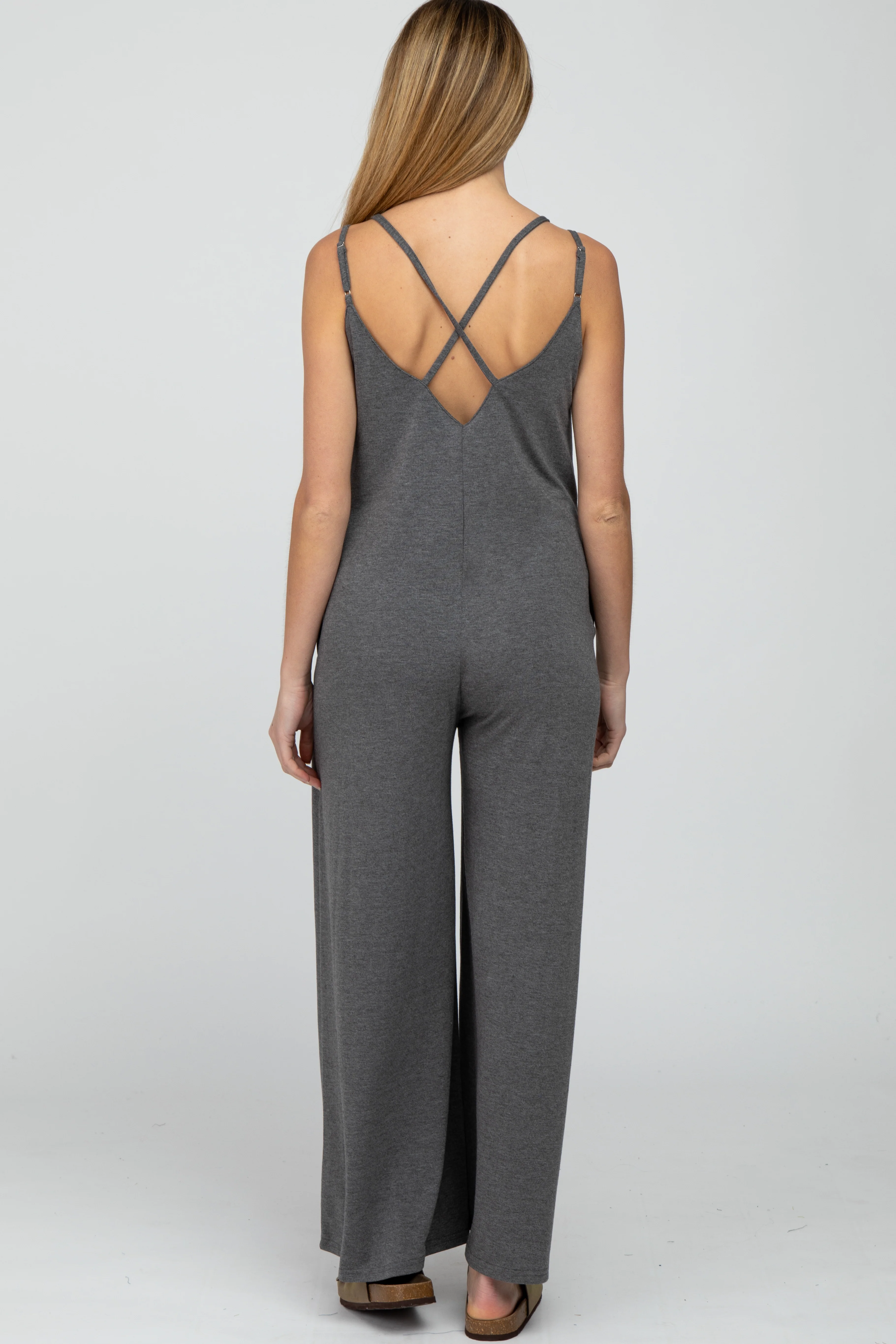 Charcoal Cross Back Wide Leg Maternity Jumpsuit - Image 3