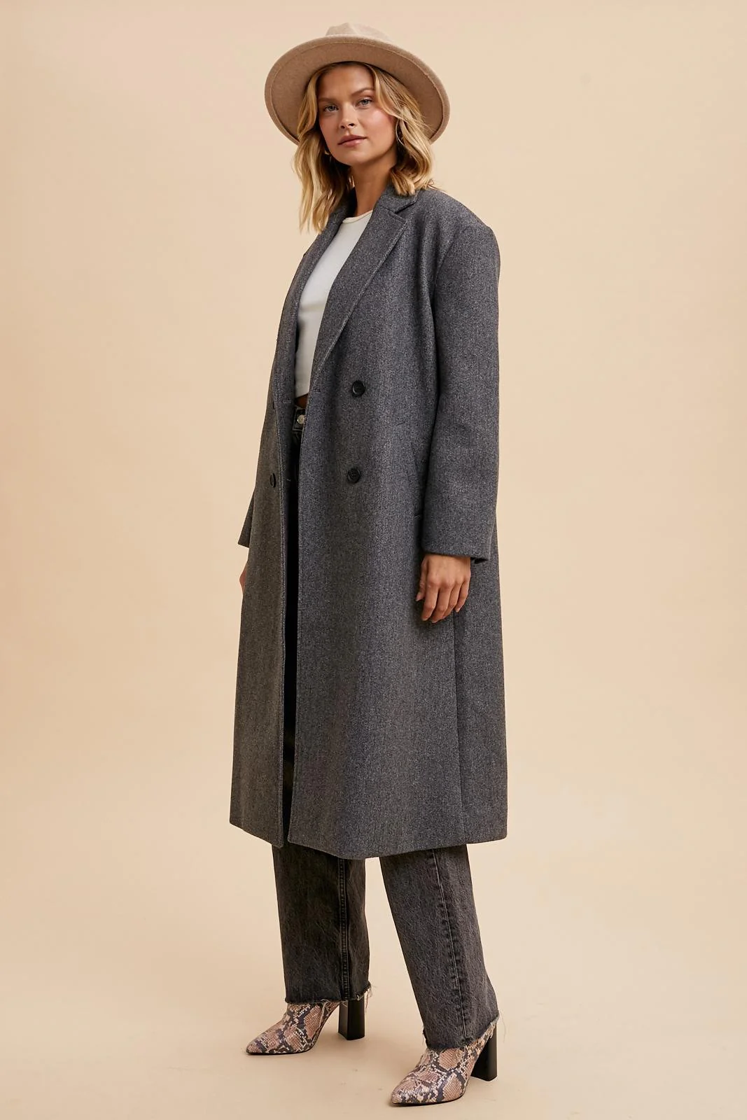 Charcoal Felted Double Breasted Lapel Duster Coat - Image 3