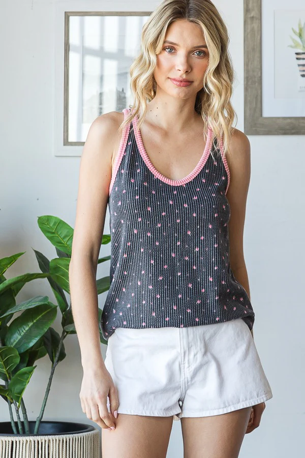 Charcoal Floral Ribbed Contrast Trim Maternity Tank Top - Image 5