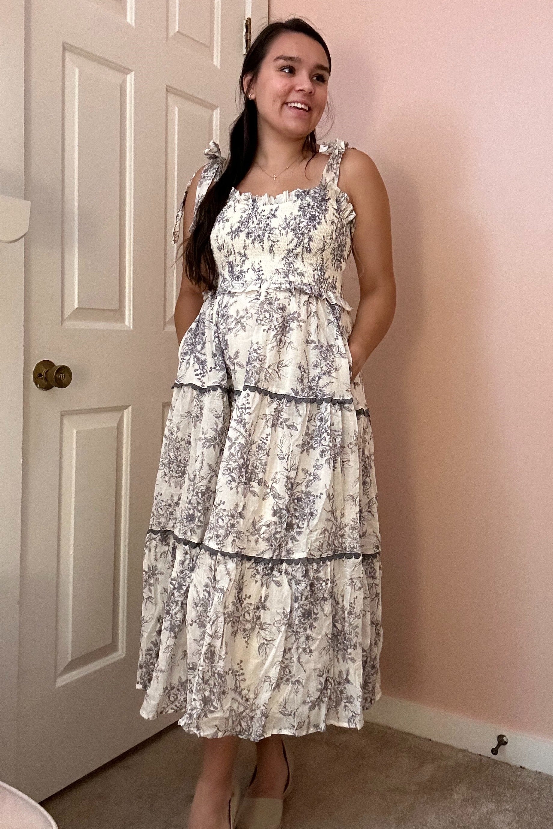 Charcoal Floral Sleeveless Ruffle Tiered Midi Dress - Image 5