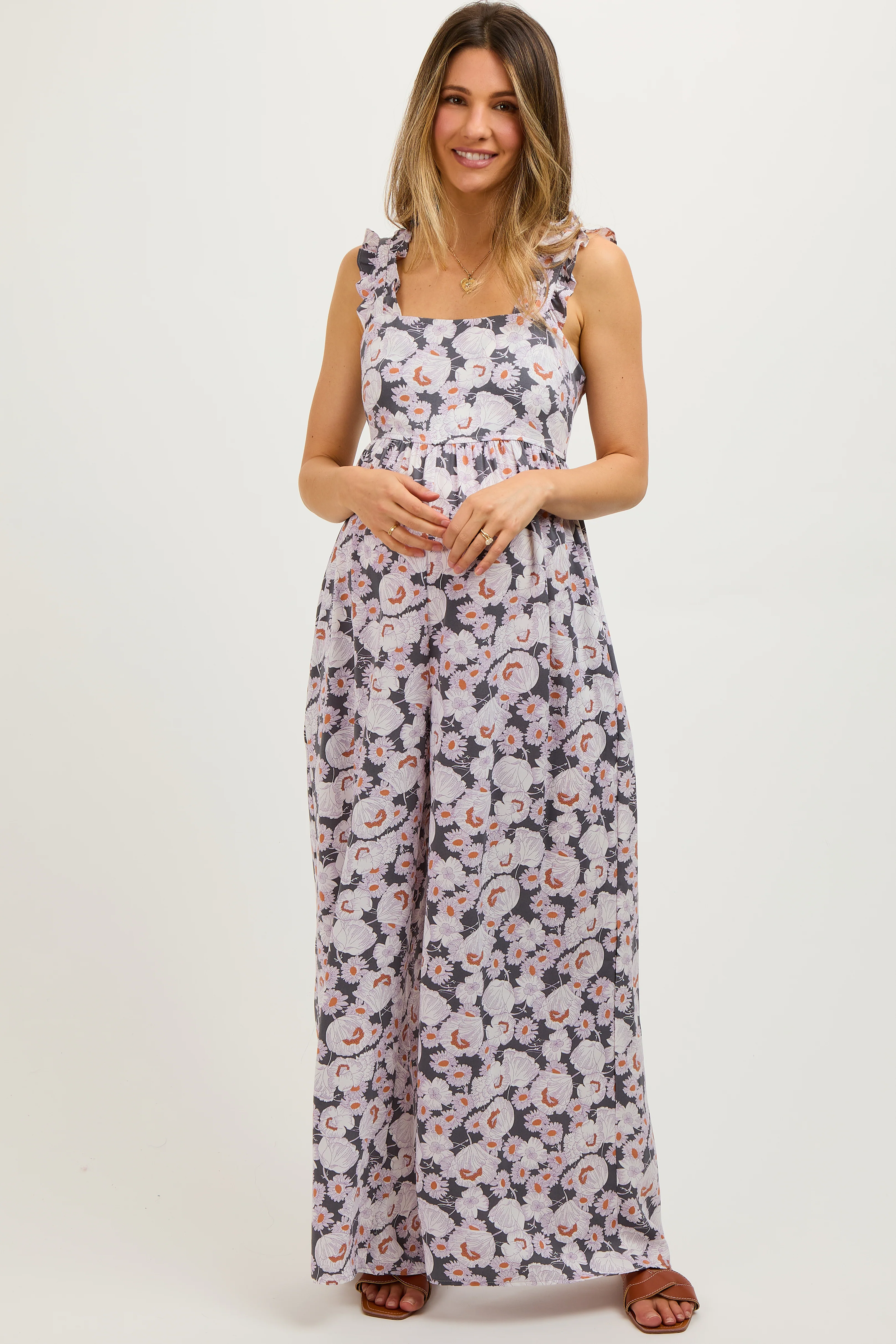 Charcoal Floral Sleeveless Tie Back Maternity Jumpsuit - Image 2
