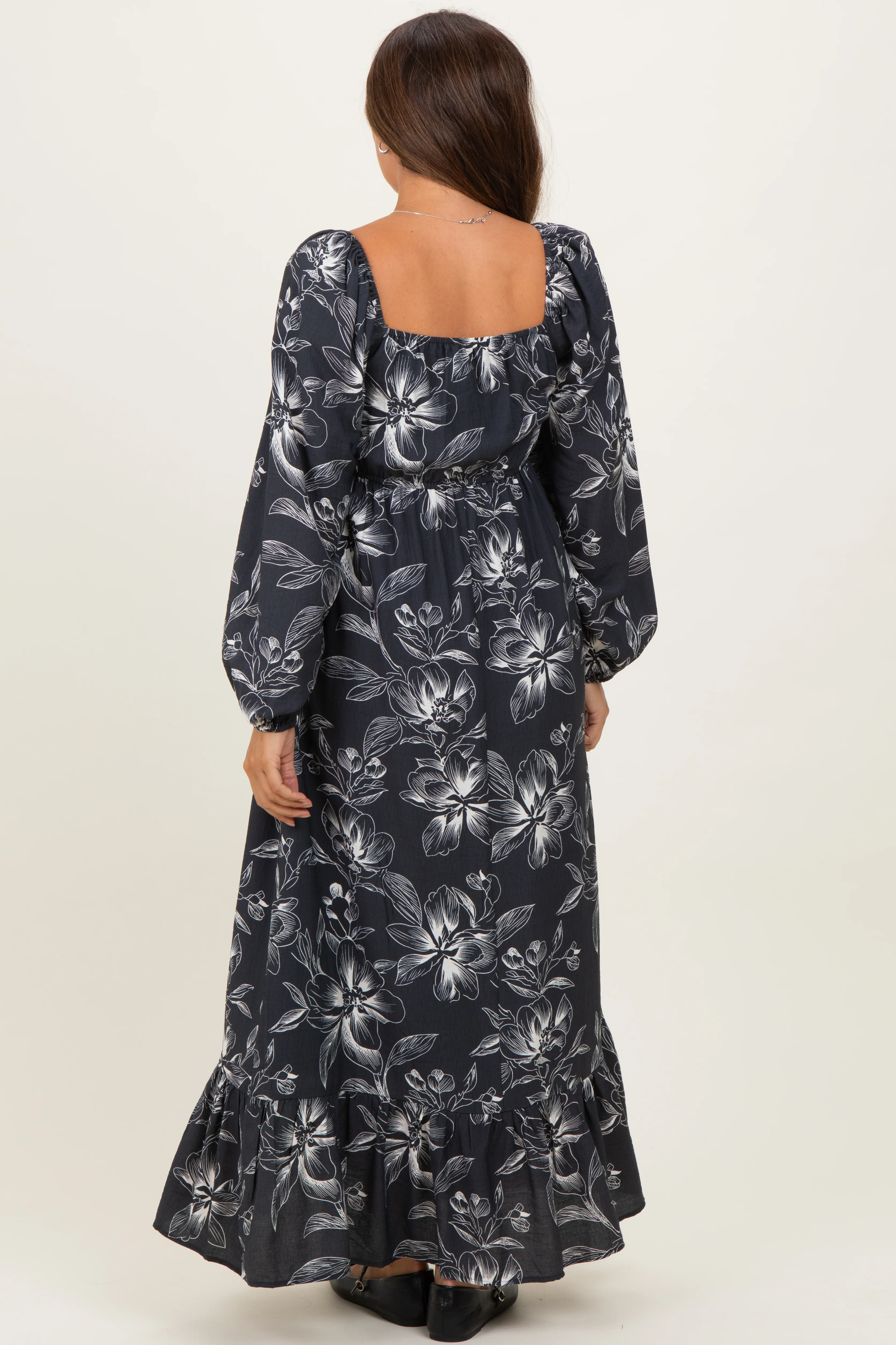 Charcoal Floral Smocked Long Sleeve Maternity Maxi Dress - Image 3