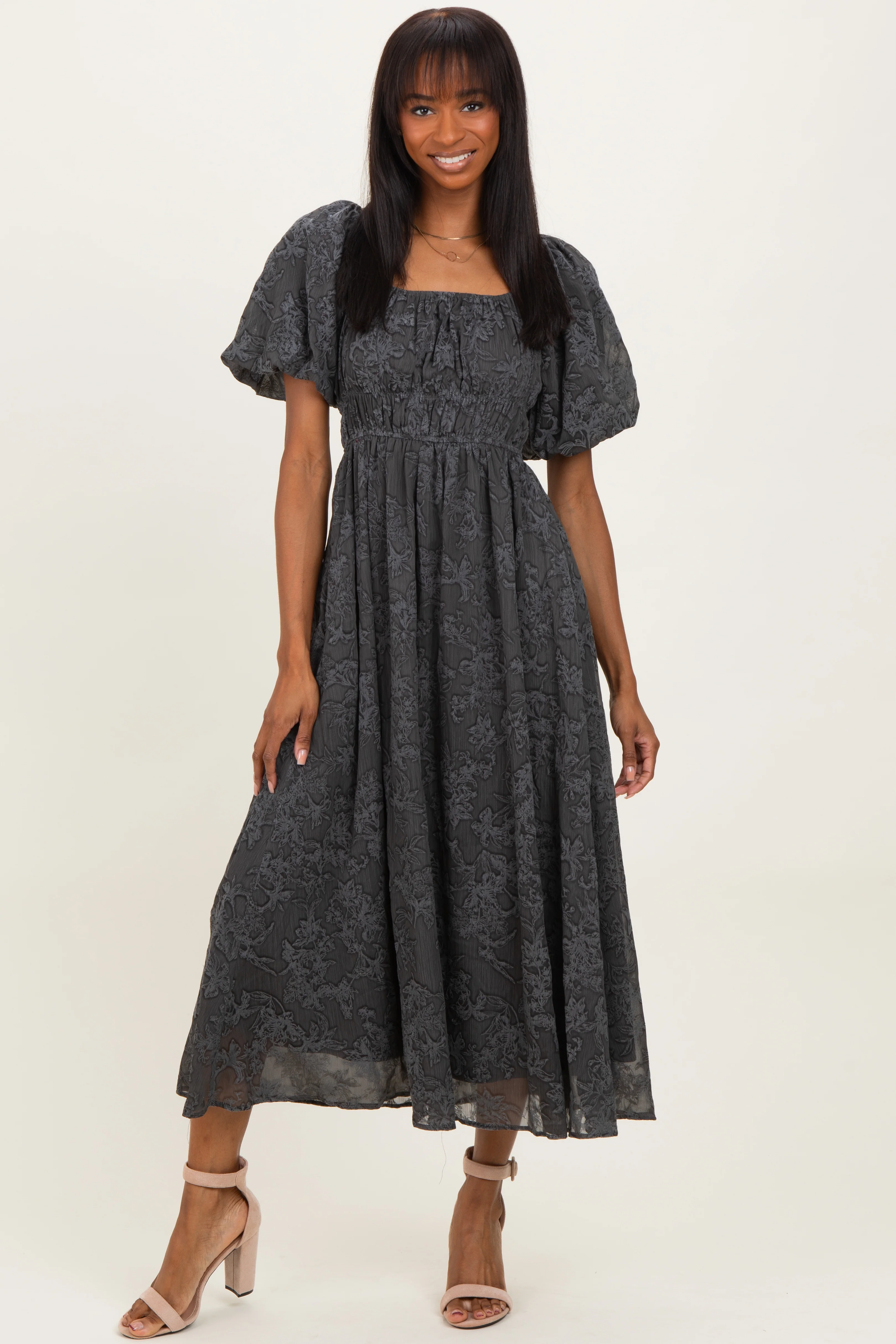 Charcoal Floral Square Neck Bubble Sleeve Maternity Mid Dress - Image 5
