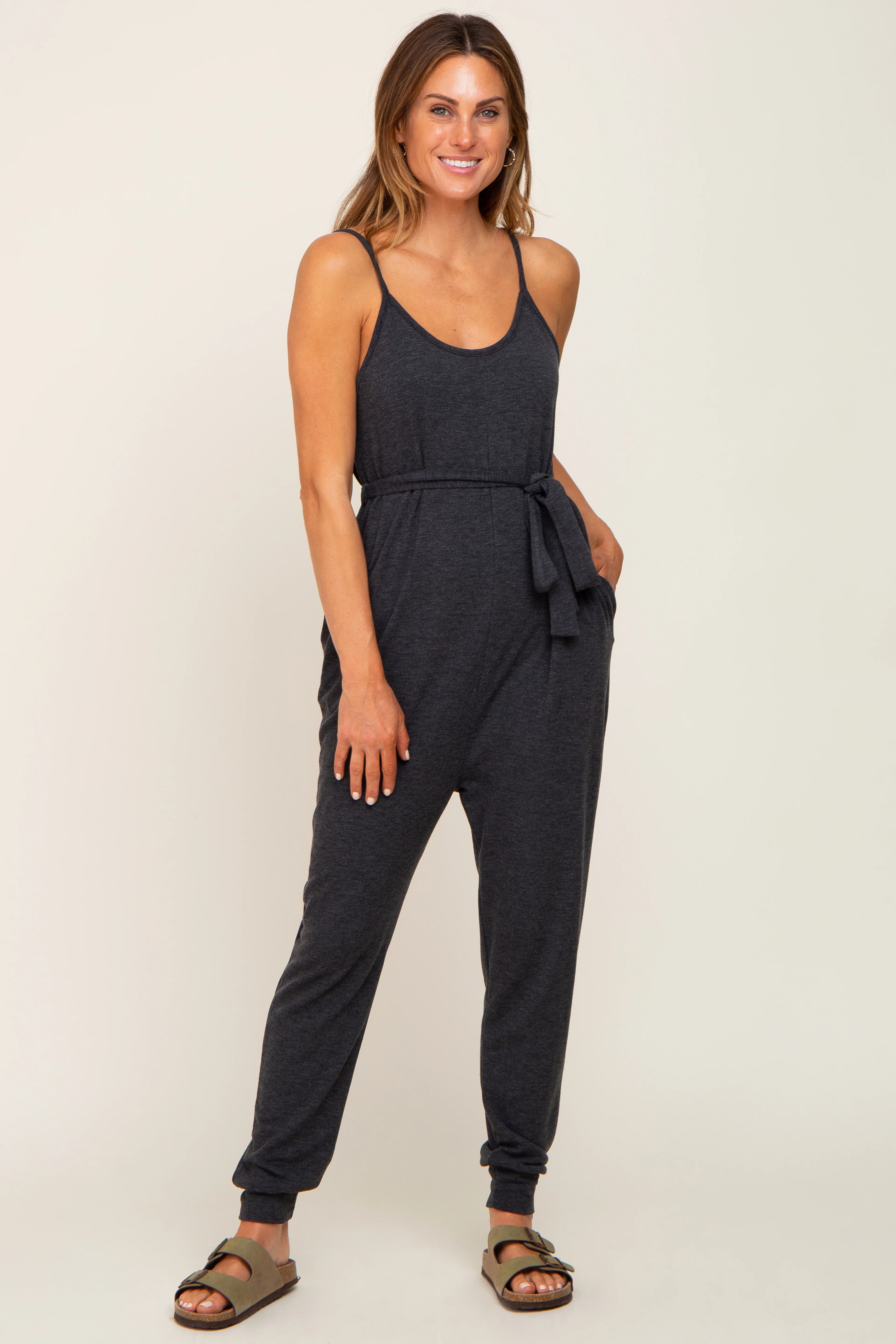 Charcoal Grey Sash Tie Maternity Jumpsuit - Image 6