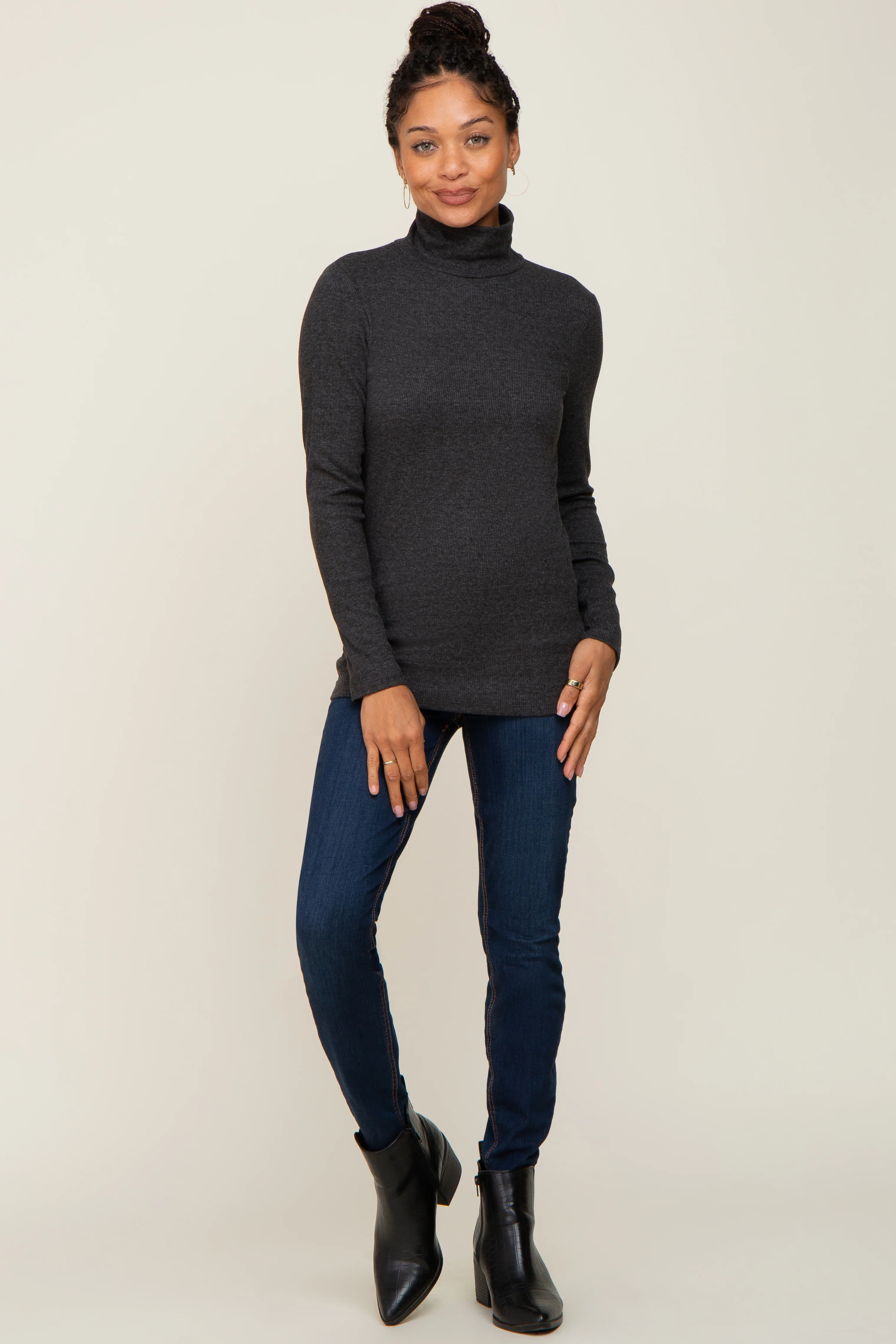 Charcoal Heathered Ribbed Mock Neck Long Sleeve Top - Image 4