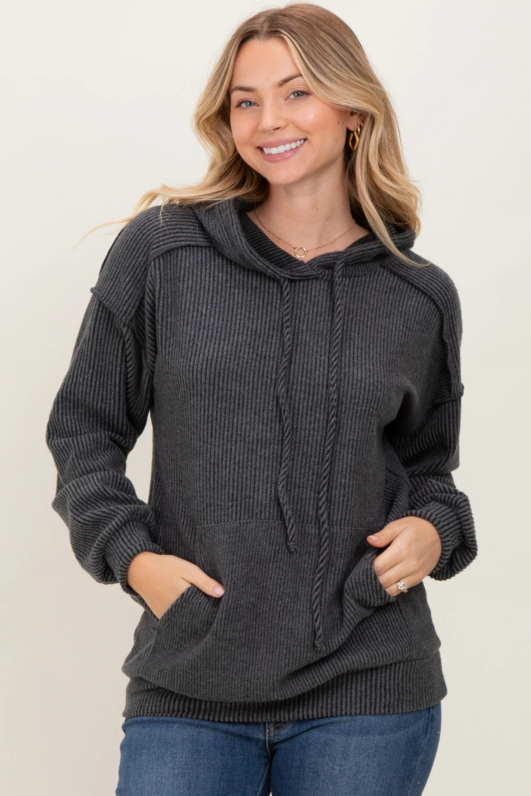 Charcoal Long Sleeve Brushed Urban Rib Maternity Hoodie Top - Image 5
