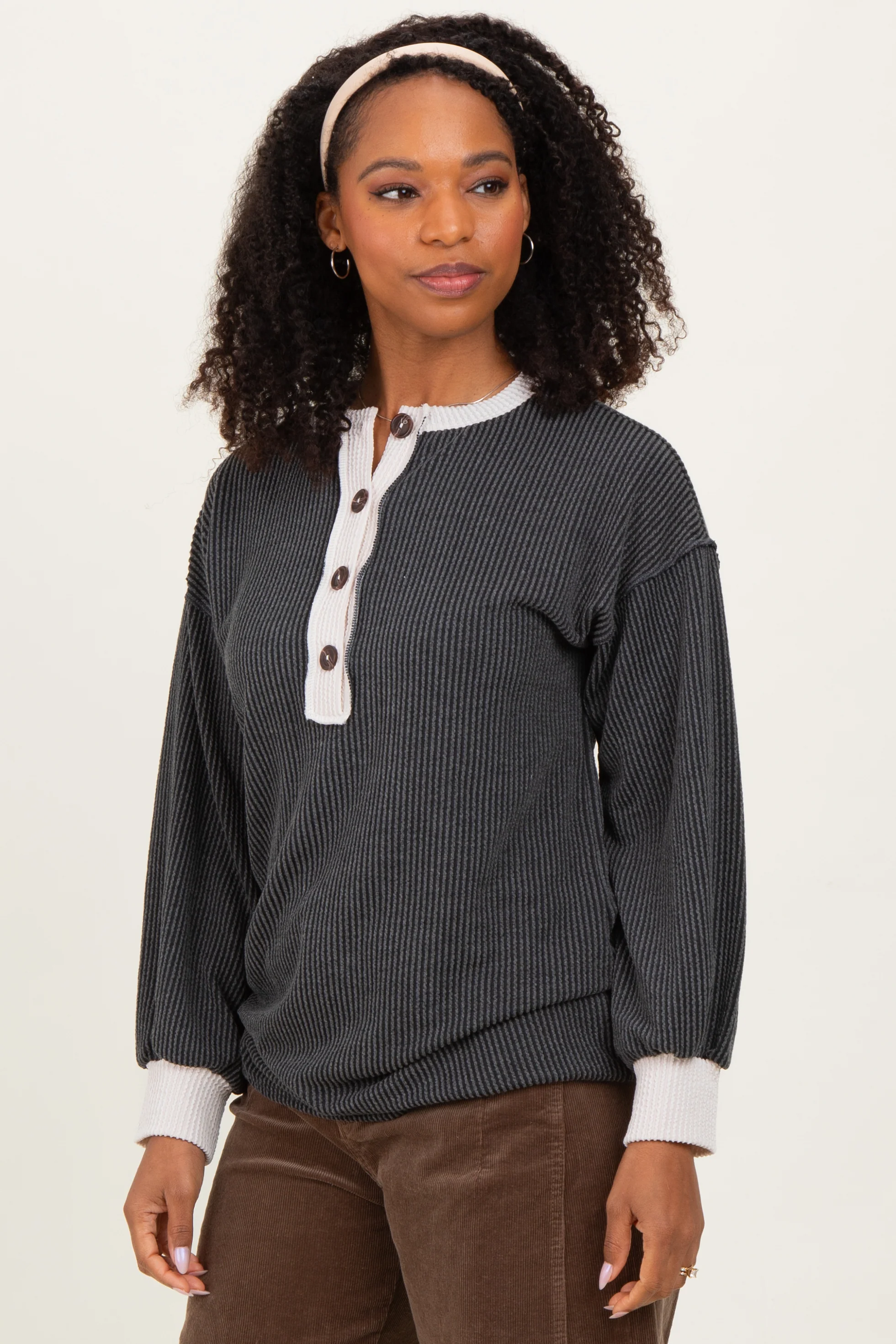 Charcoal Long Sleeve Contrast Button Detail Rib Top - Image 3