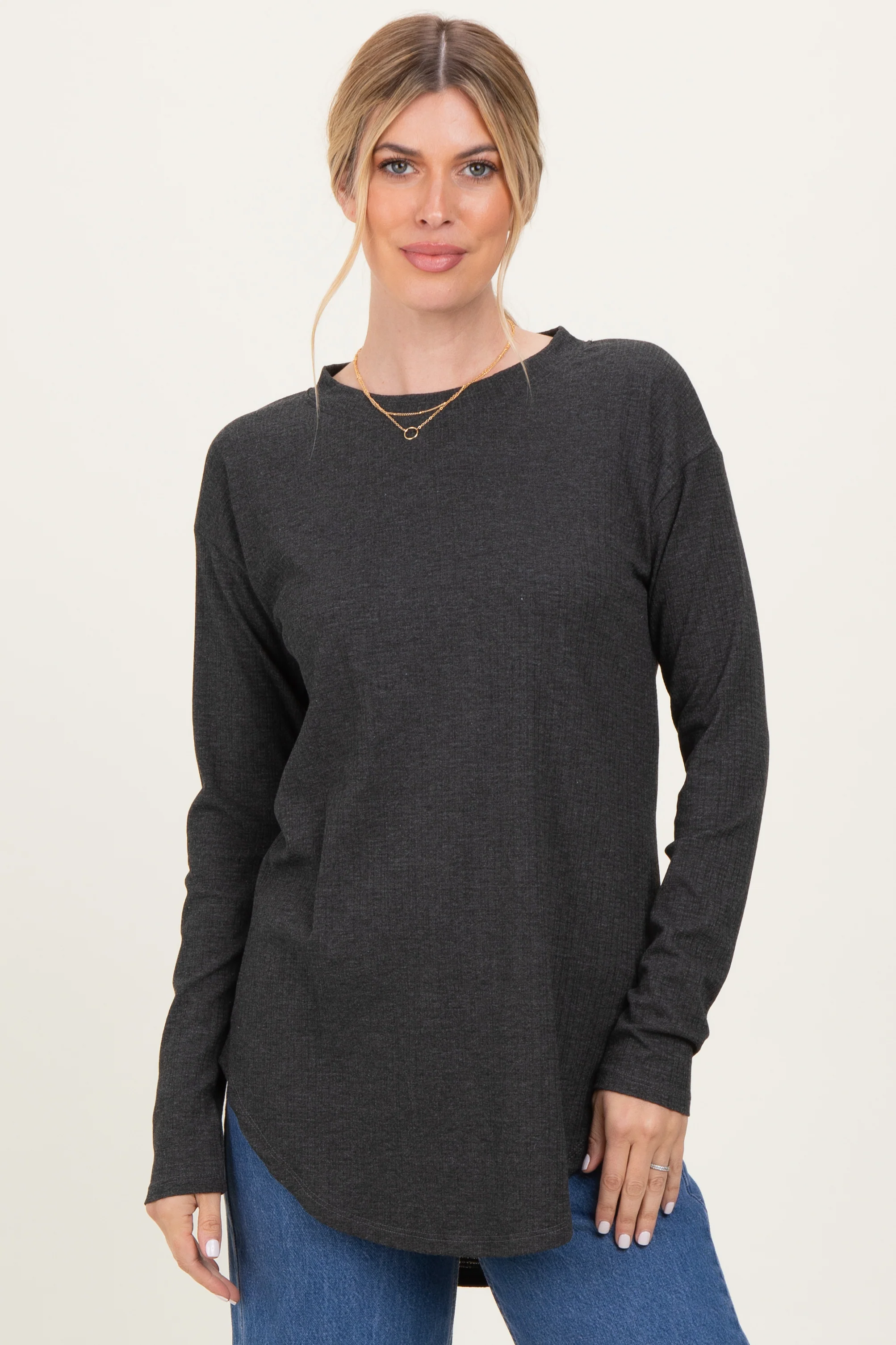 Charcoal Long Sleeve Round Hem Textured Maternity Top - Image 4