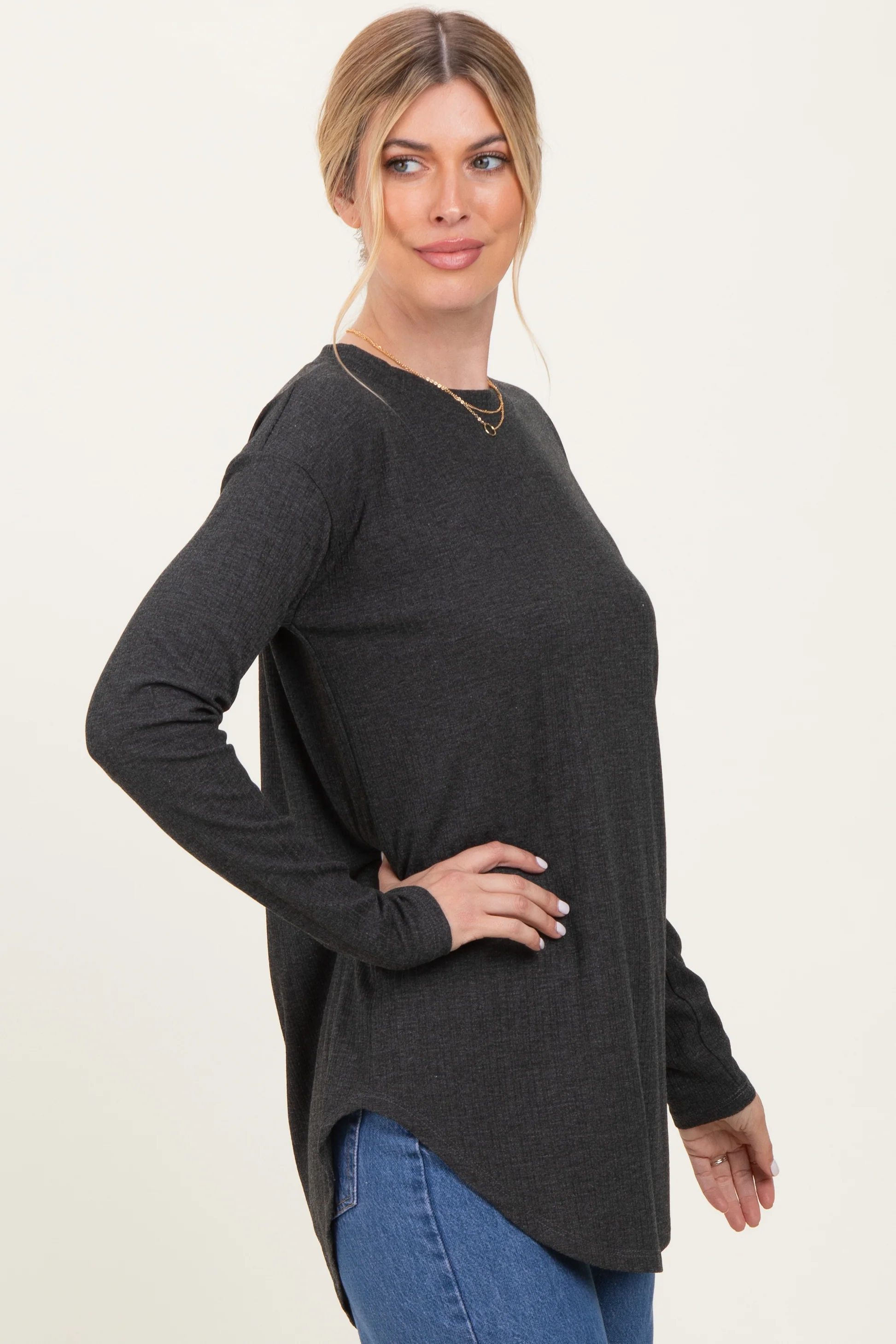 Charcoal Long Sleeve Round Hem Textured Top - Image 3