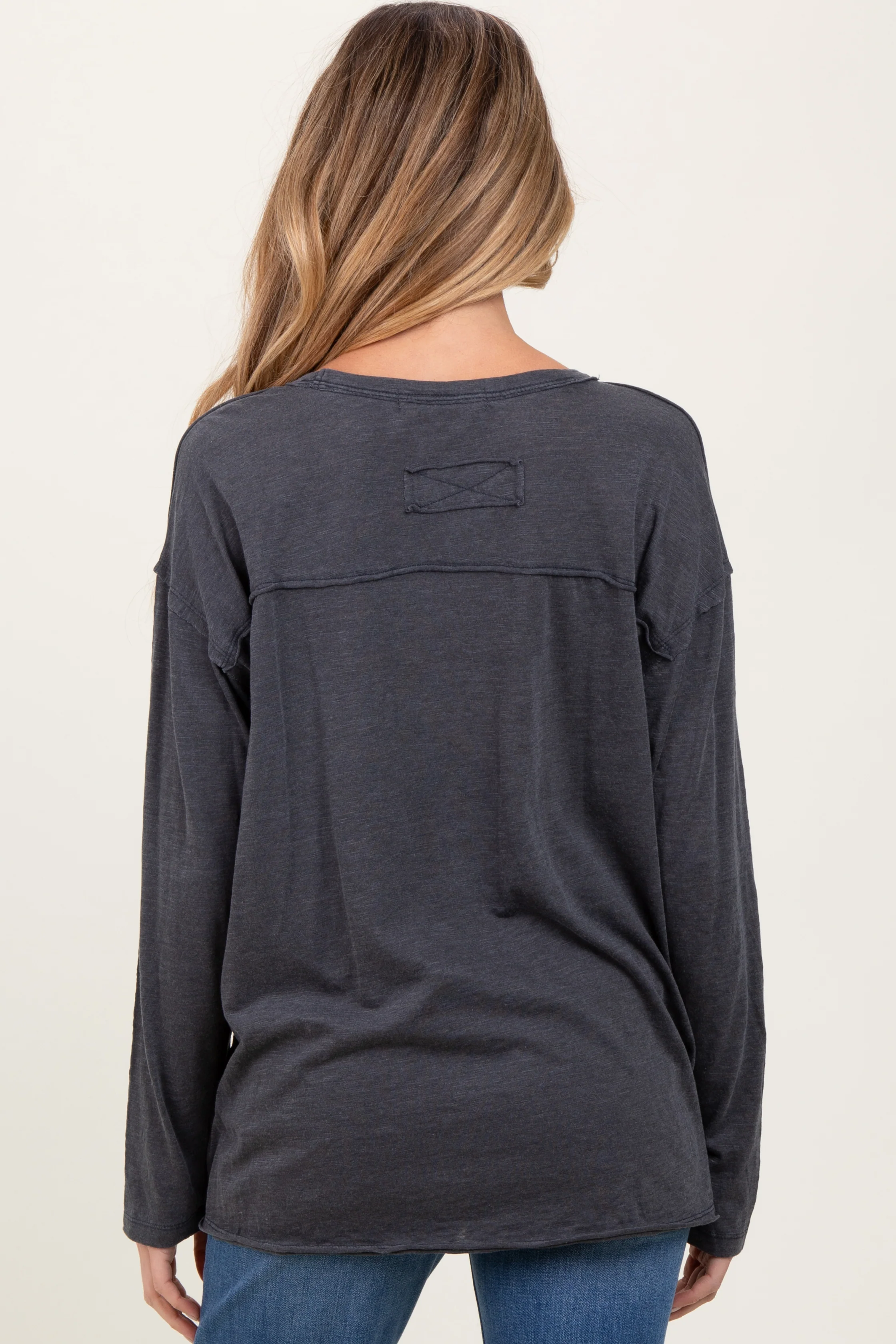 Charcoal Mineral Wash Front Pocket Long Sleeve Maternity Top - Image 3