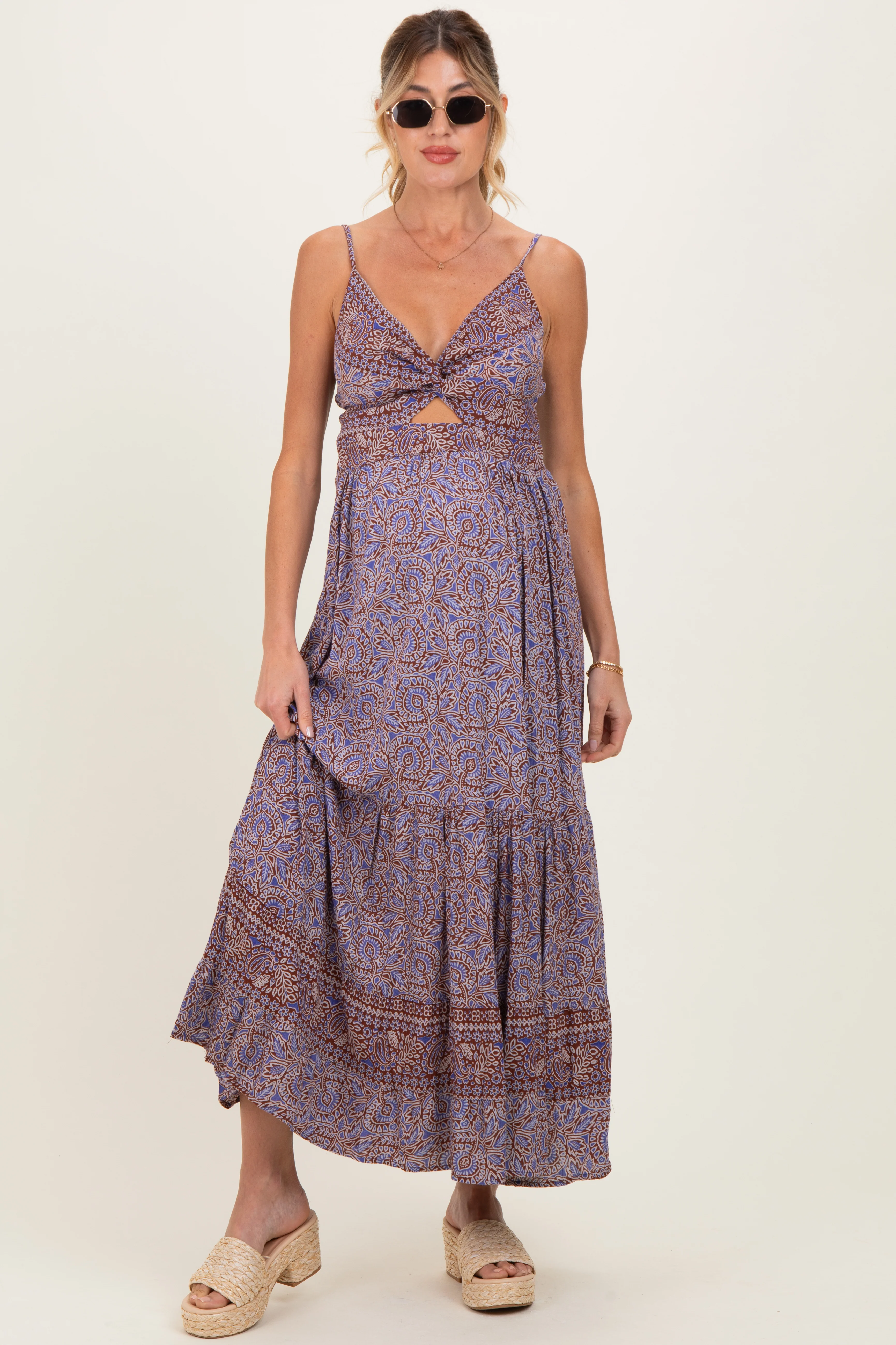 Charcoal Printed Twisted Front Maternity Maxi Dress