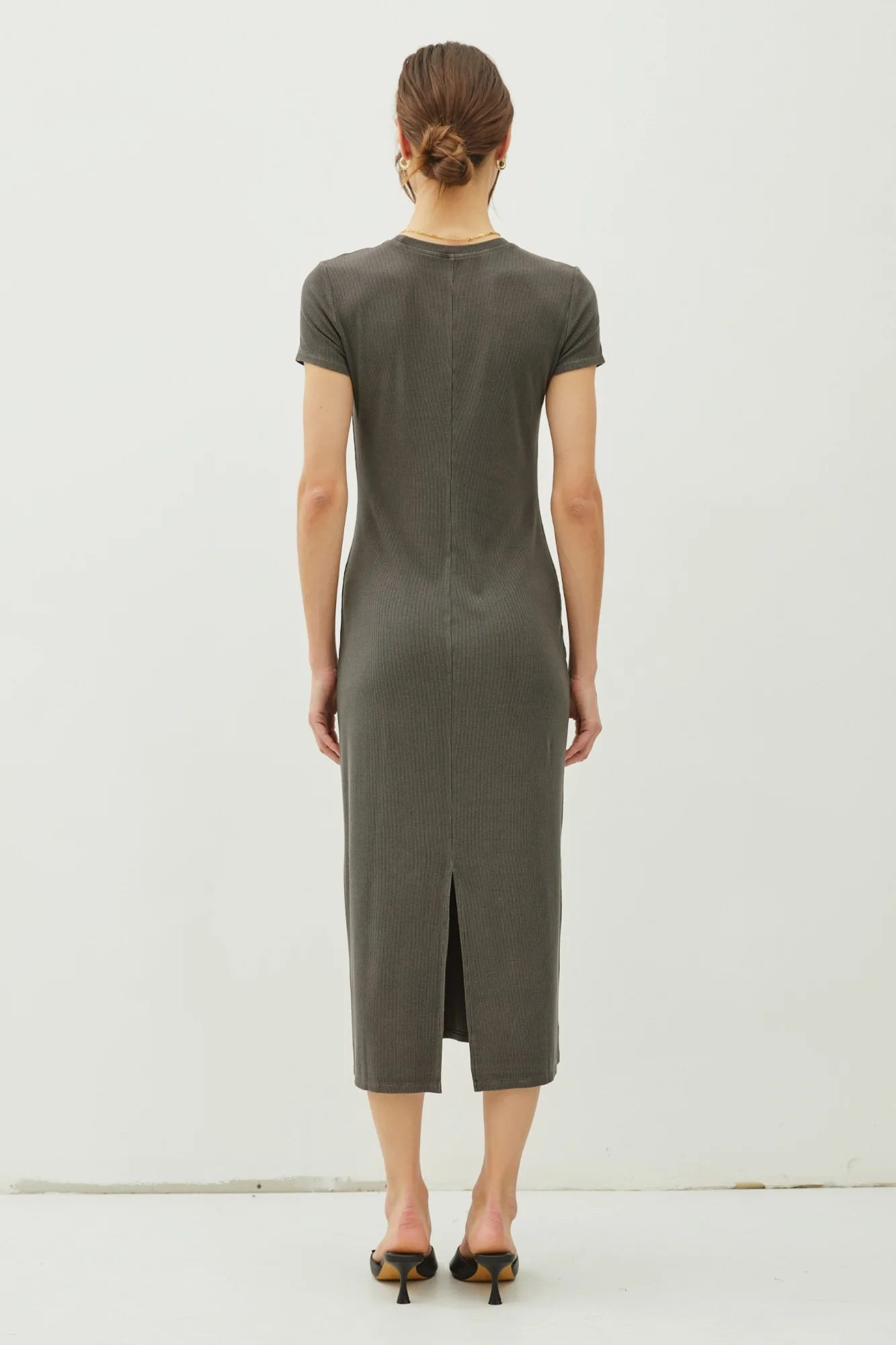 Charcoal Rib Knit Back Slit Dress - Image 3