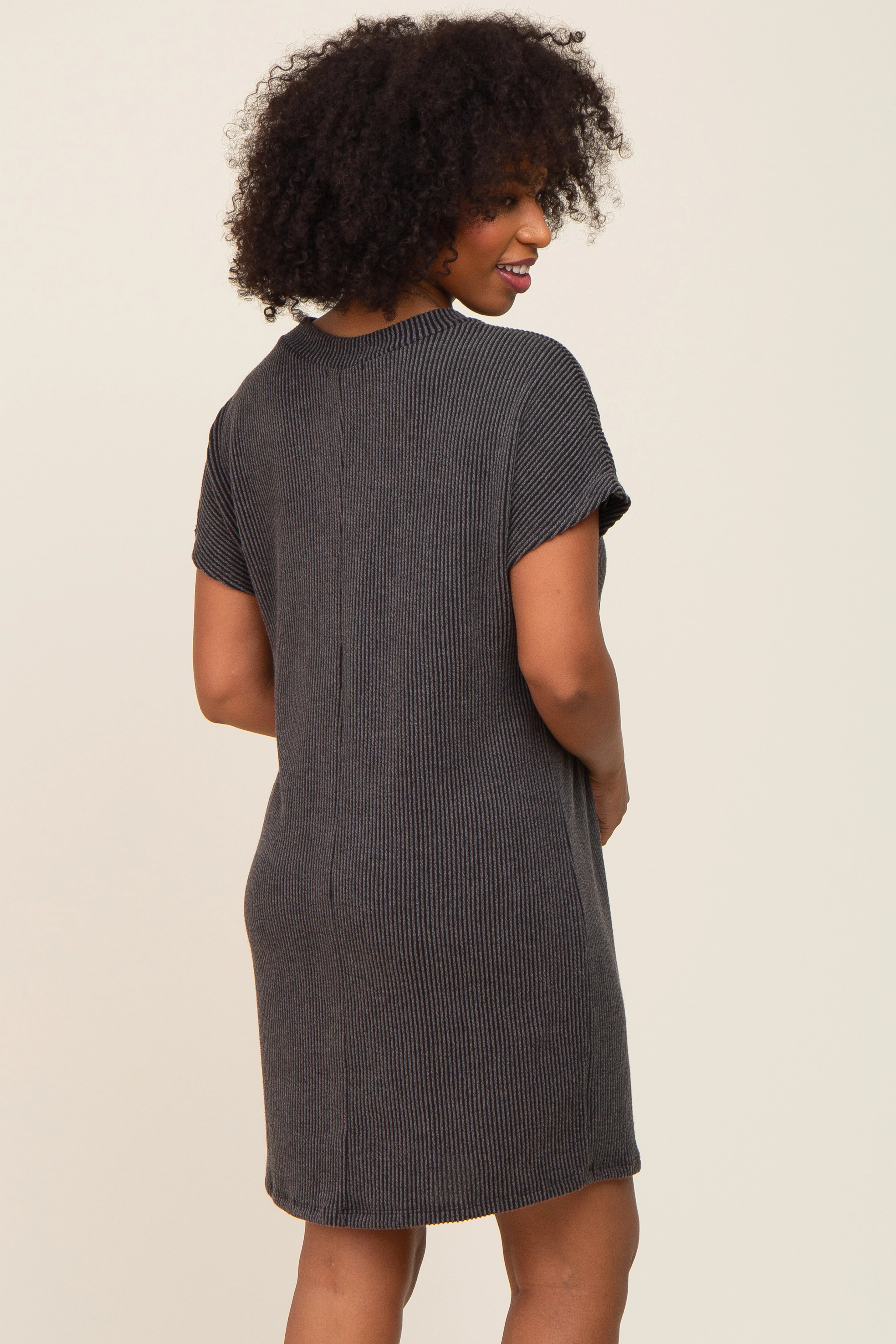 Charcoal Ribbed Front Pocket Dolman Short Sleeve Dress - Image 3