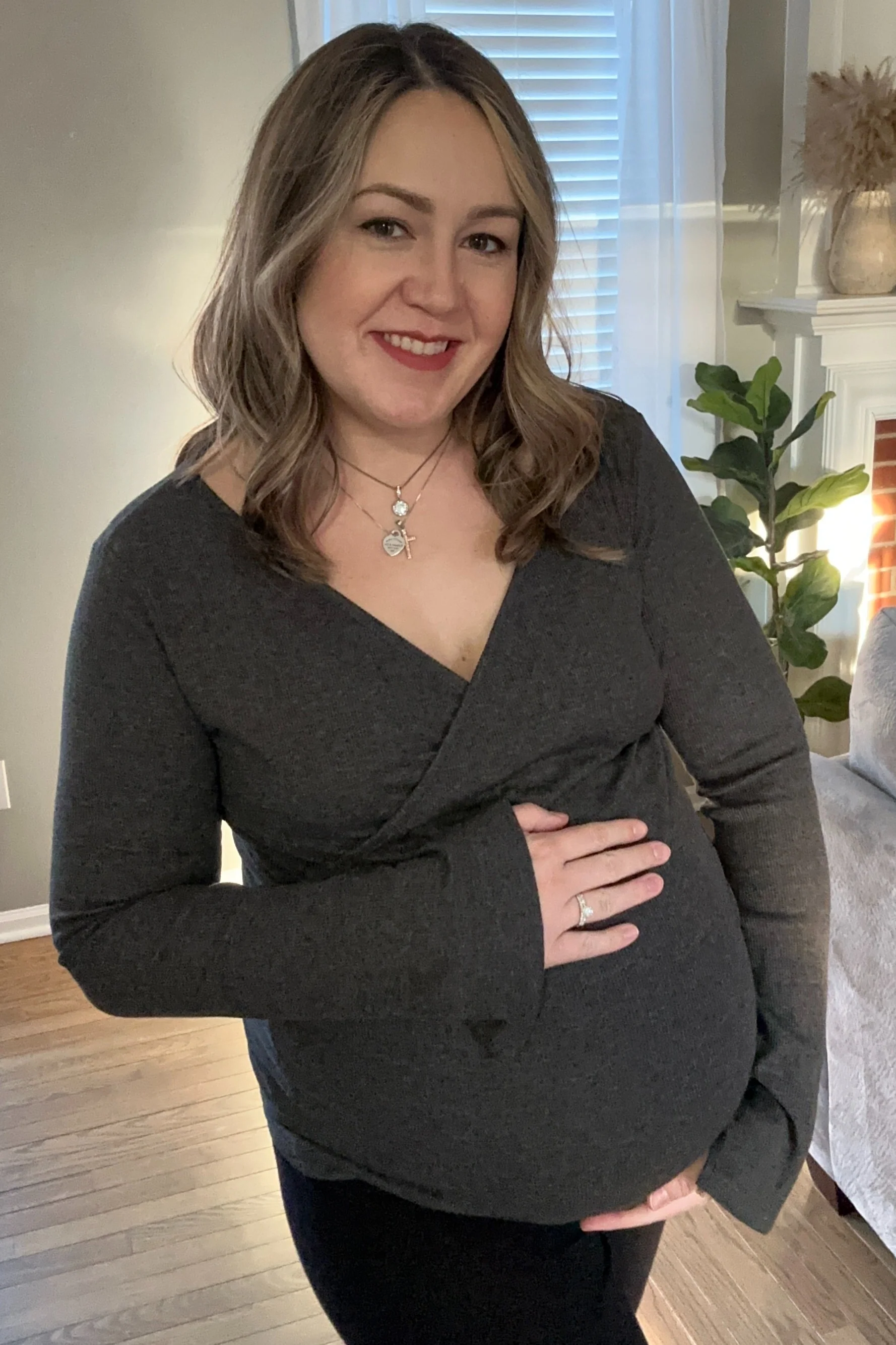 Charcoal Ribbed Long Sleeve Wrap Maternity Nursing Top - Image 7