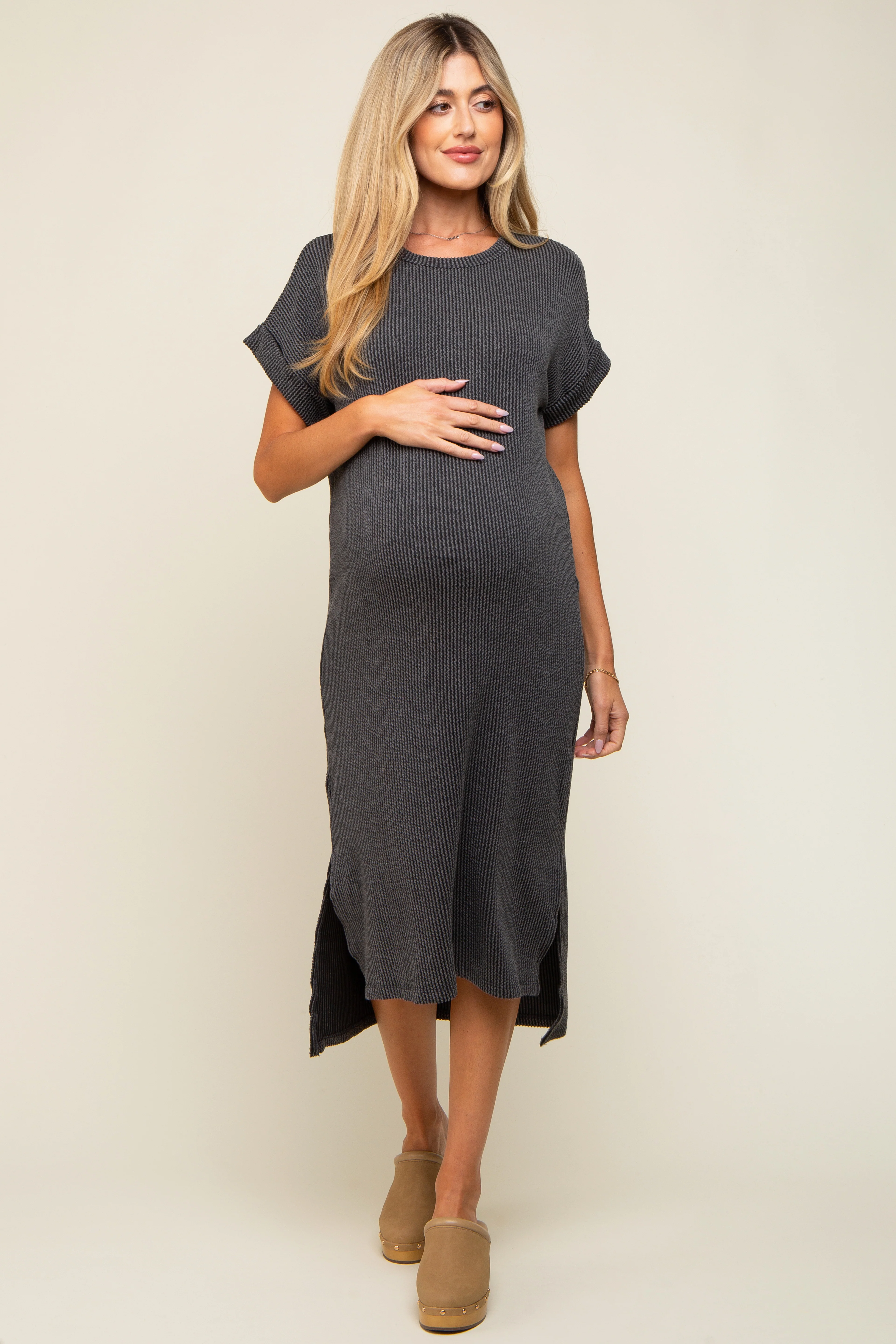 Charcoal Ribbed Short Sleeve Maternity Midi Dress - Image 5