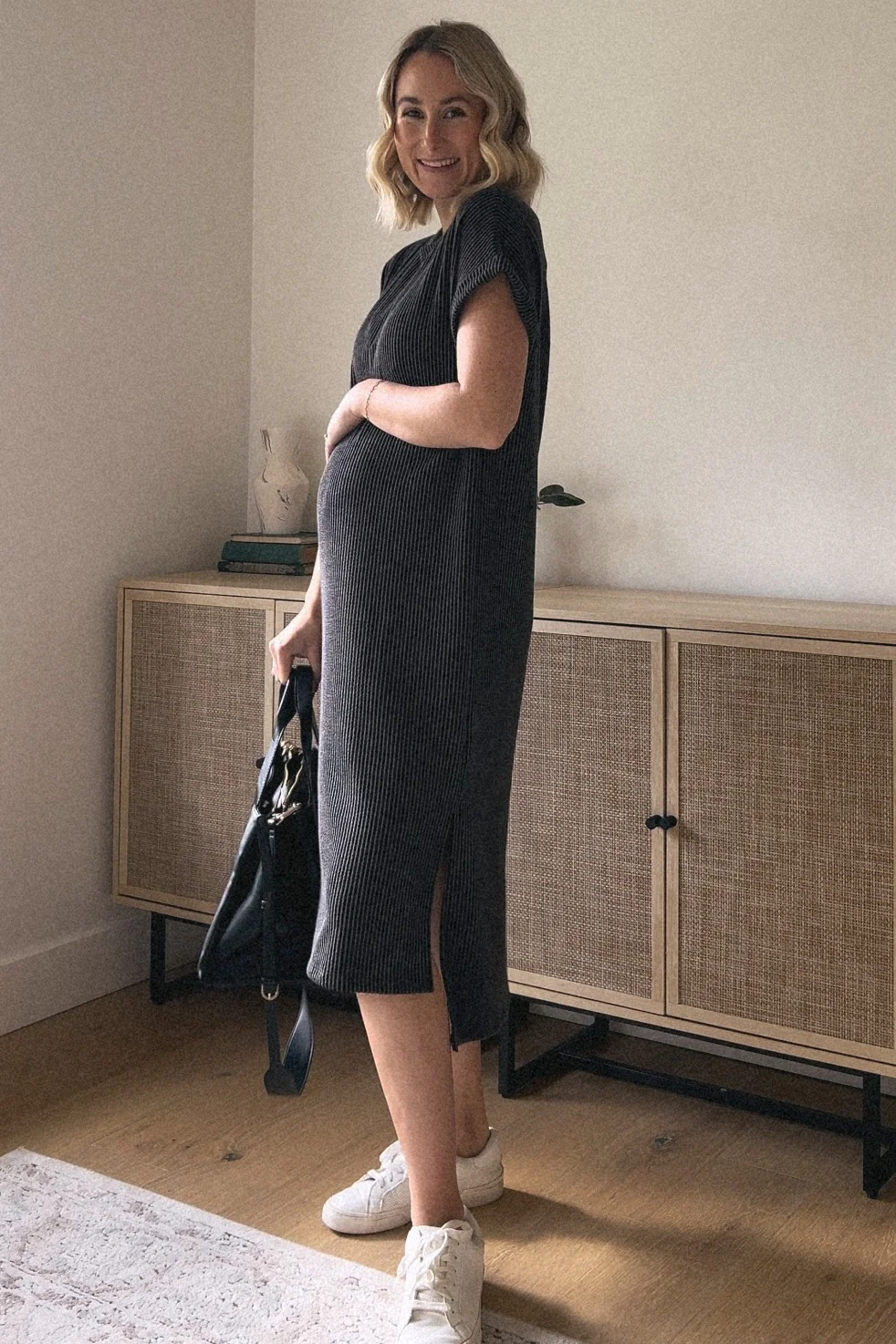Charcoal Ribbed Short Sleeve Maternity Midi Dress - Image 8