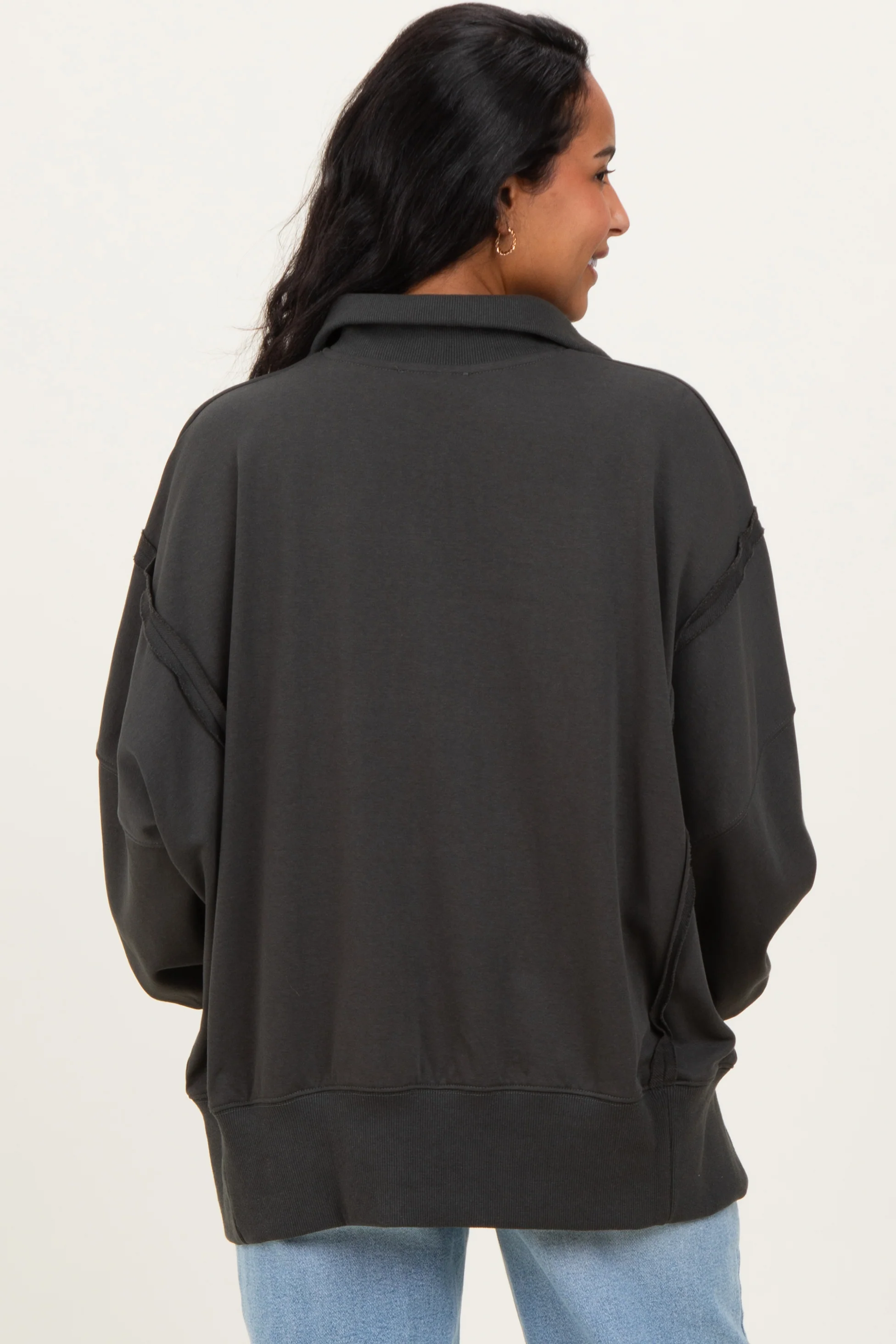 Charcoal Snap Button Pullover Henley Maternity Sweatshirt - Image 3