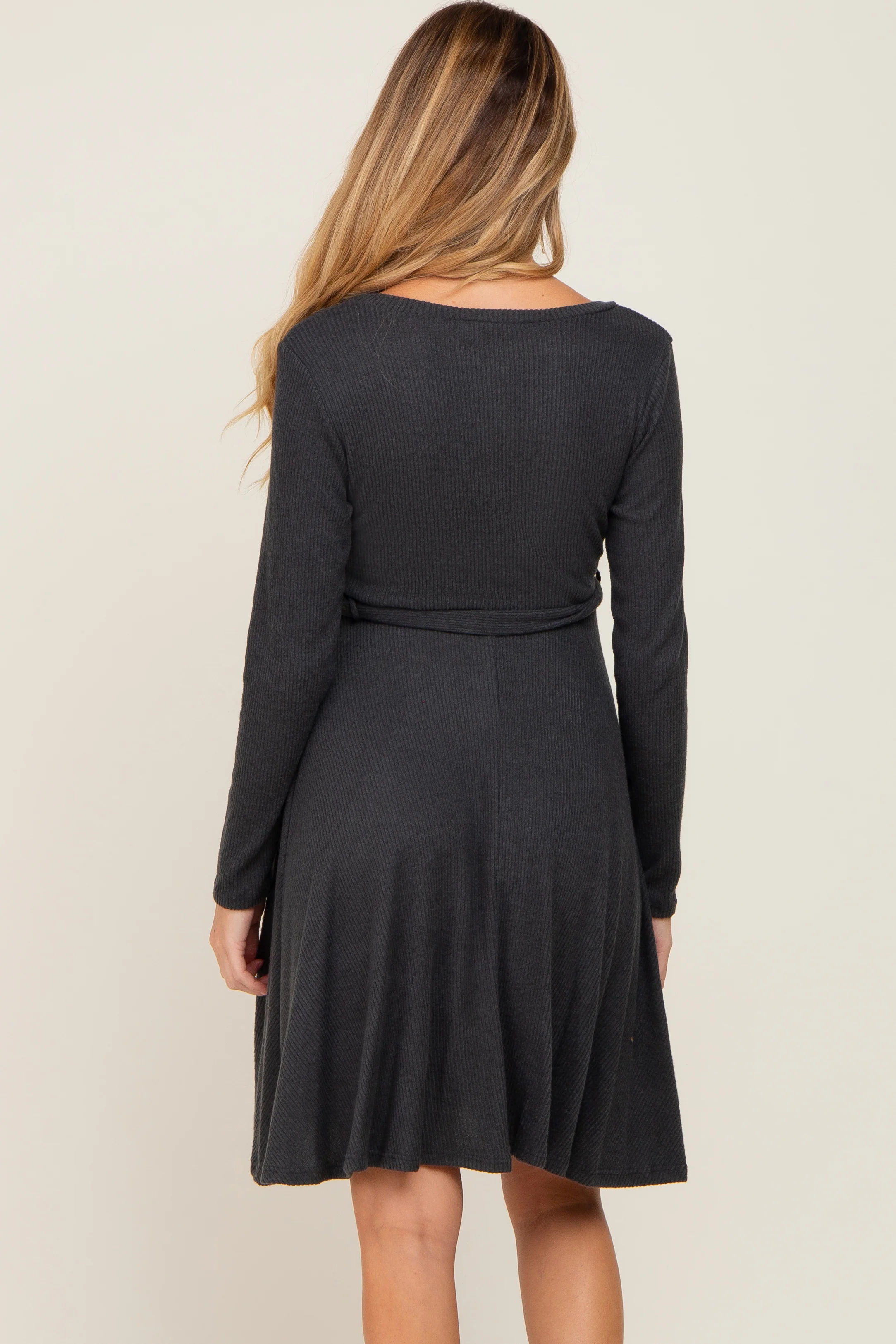 Charcoal Soft Rib Knit Sash Tie Maternity Dress - Image 3