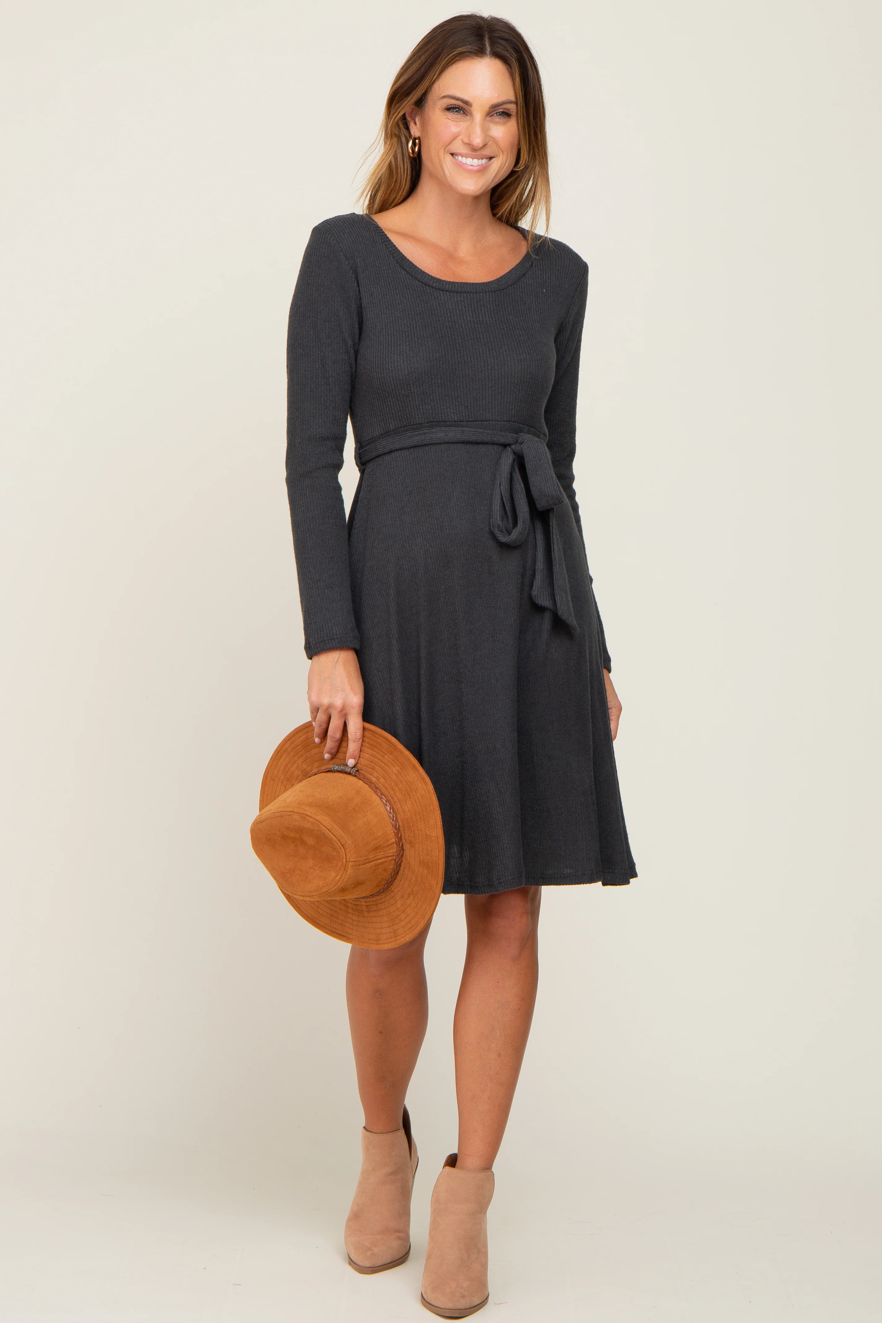Charcoal Soft Rib Knit Sash Tie Maternity Dress - Image 6