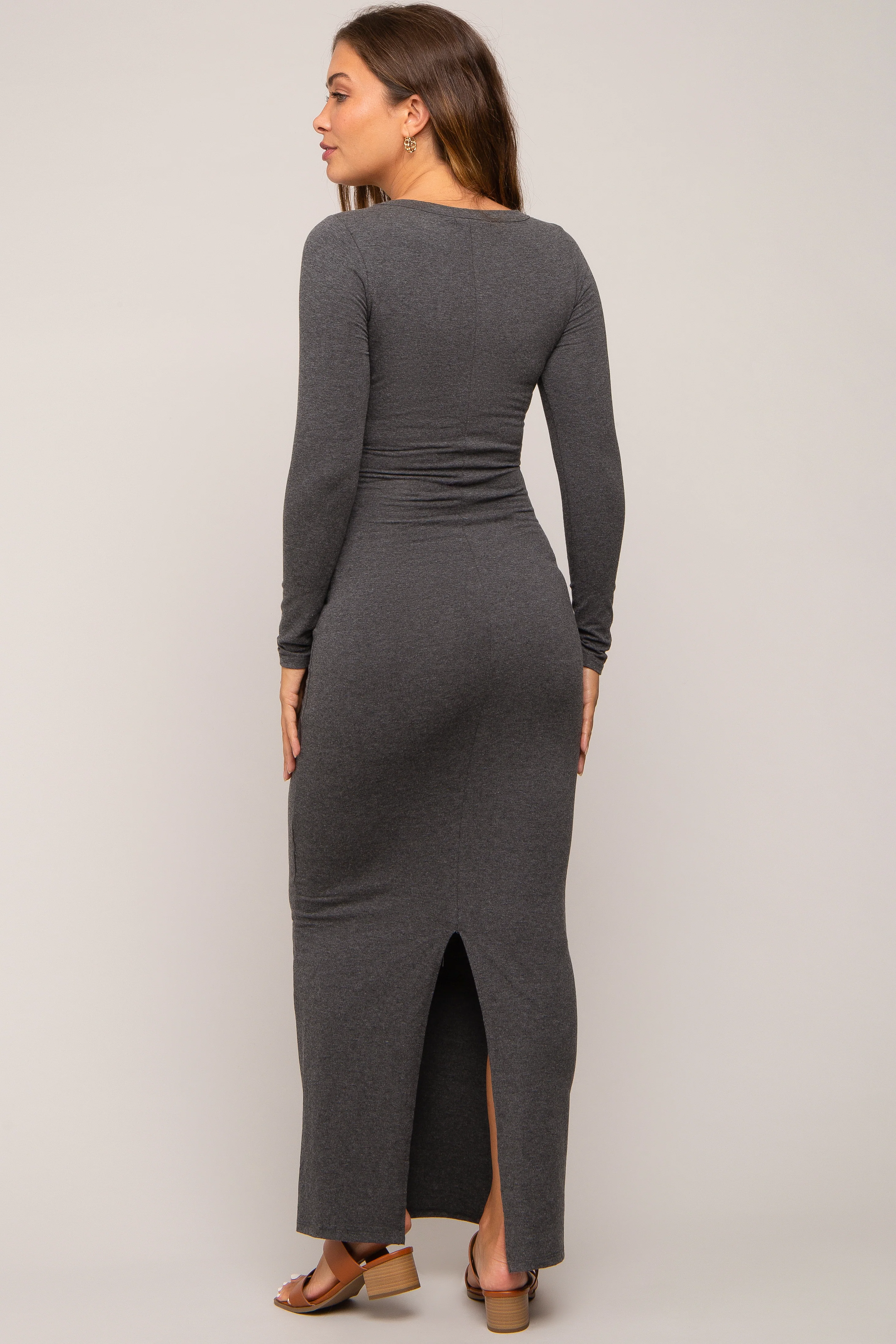 Charcoal Solid Long Sleeve Scoop Neck Maternity Maxi Dress - Image 3