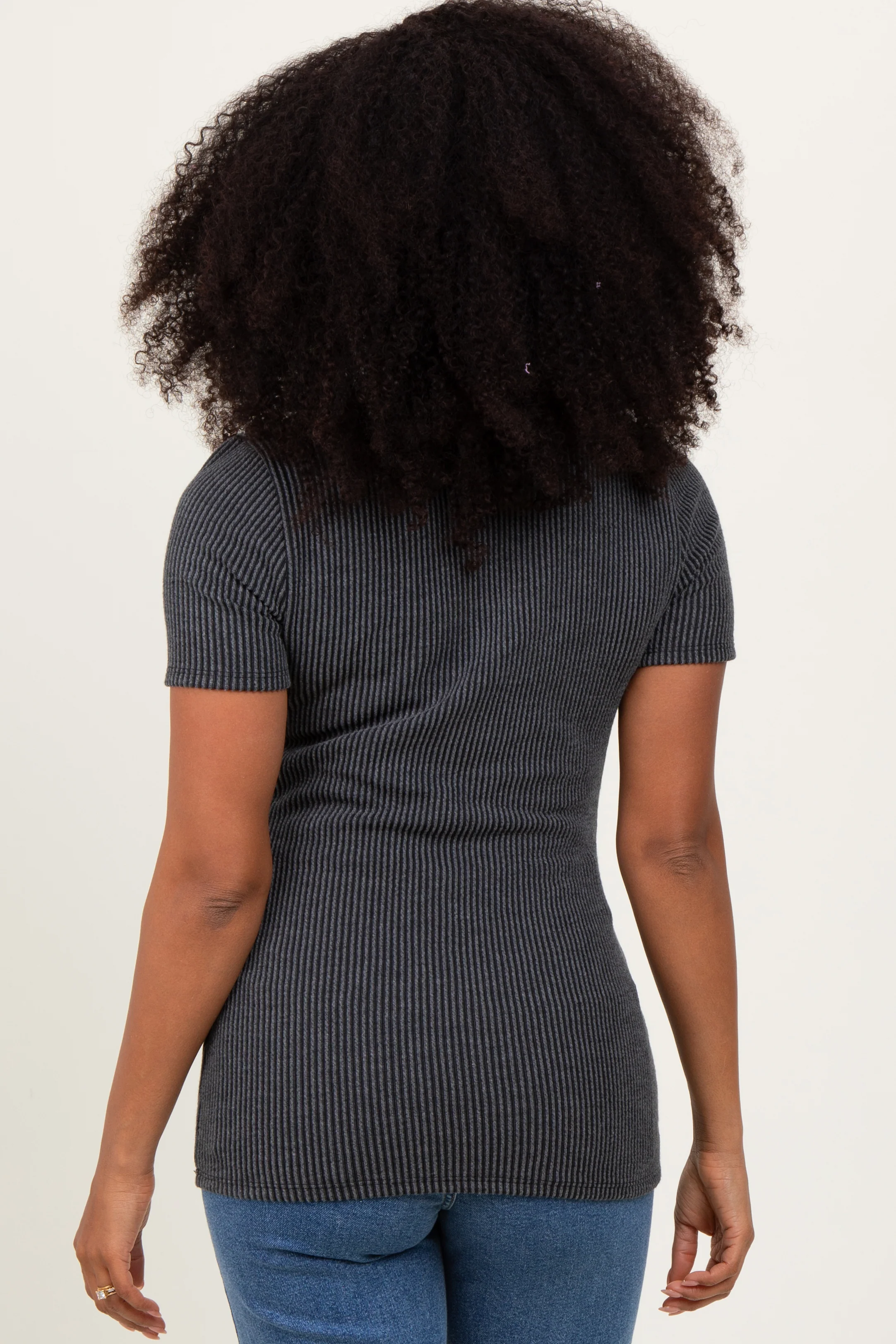 Charcoal Solid Ribbed Short Sleeve Round Neck Basic Top - Image 4
