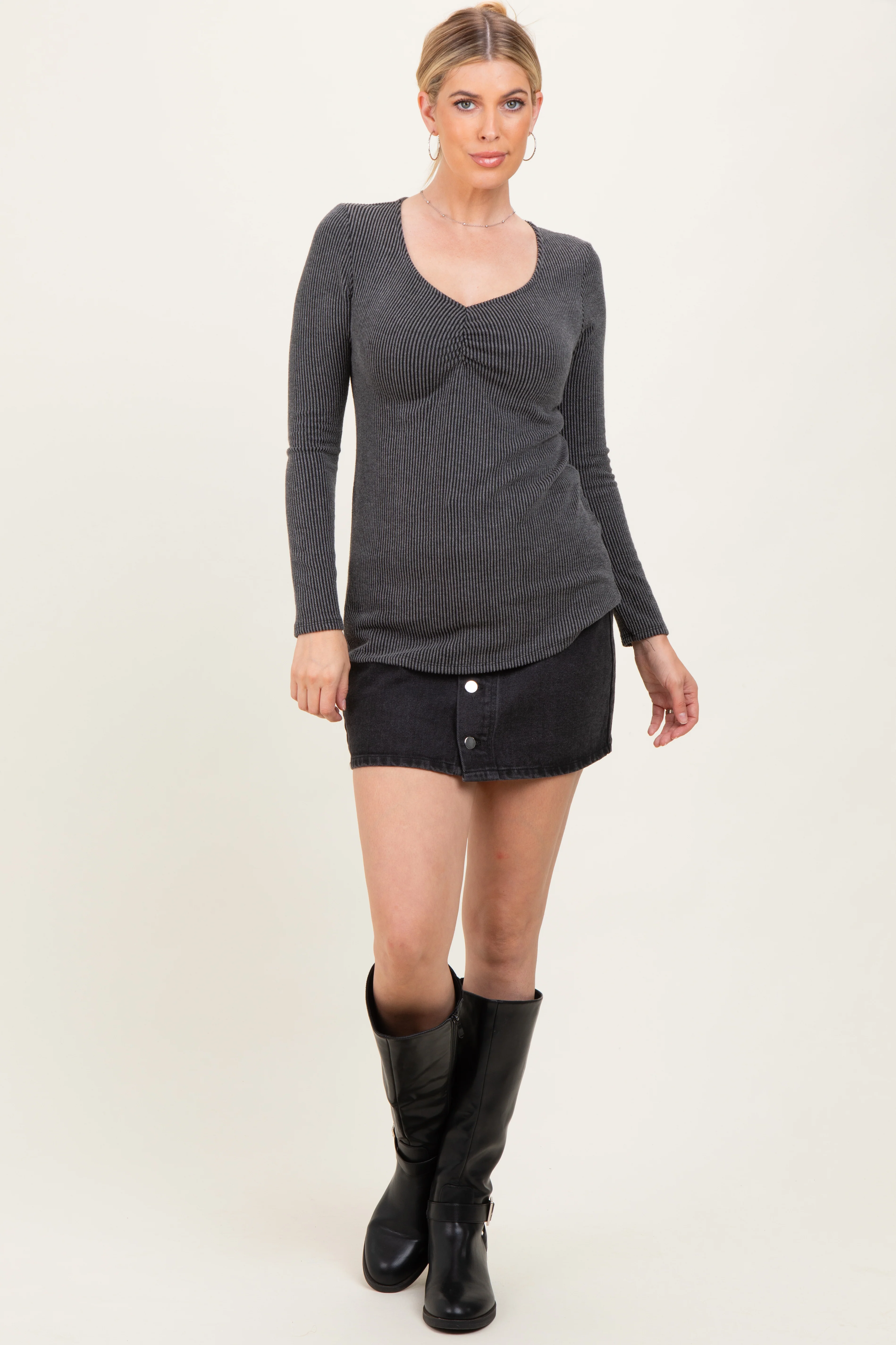 Charcoal Sweetheart Ribbed Long Sleeve Top - Image 2