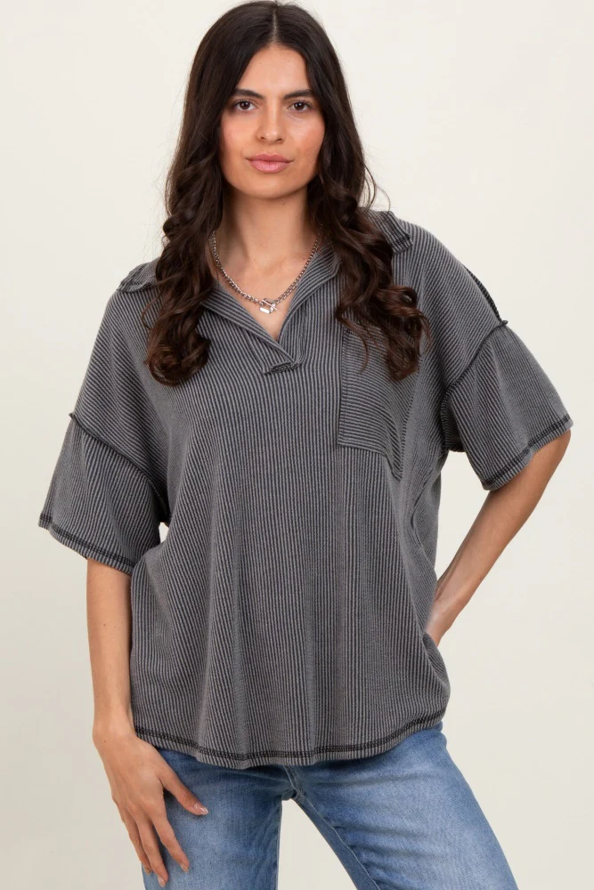 Charcoal Two Tone Ribbed Reverse Stitch Maternity Tunic Top - Image 5