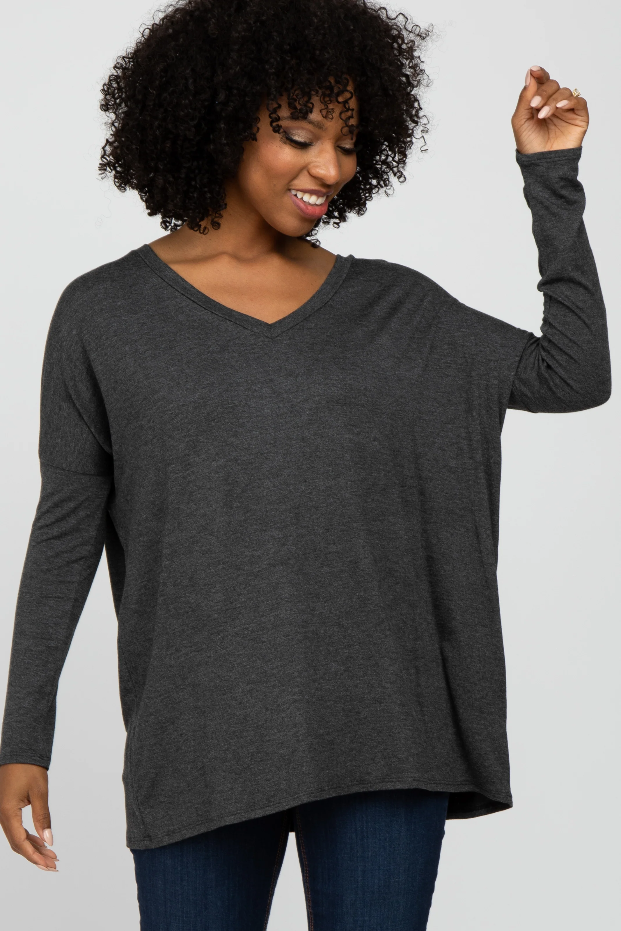 Charcoal V-Neck Maternity Top - Image 3
