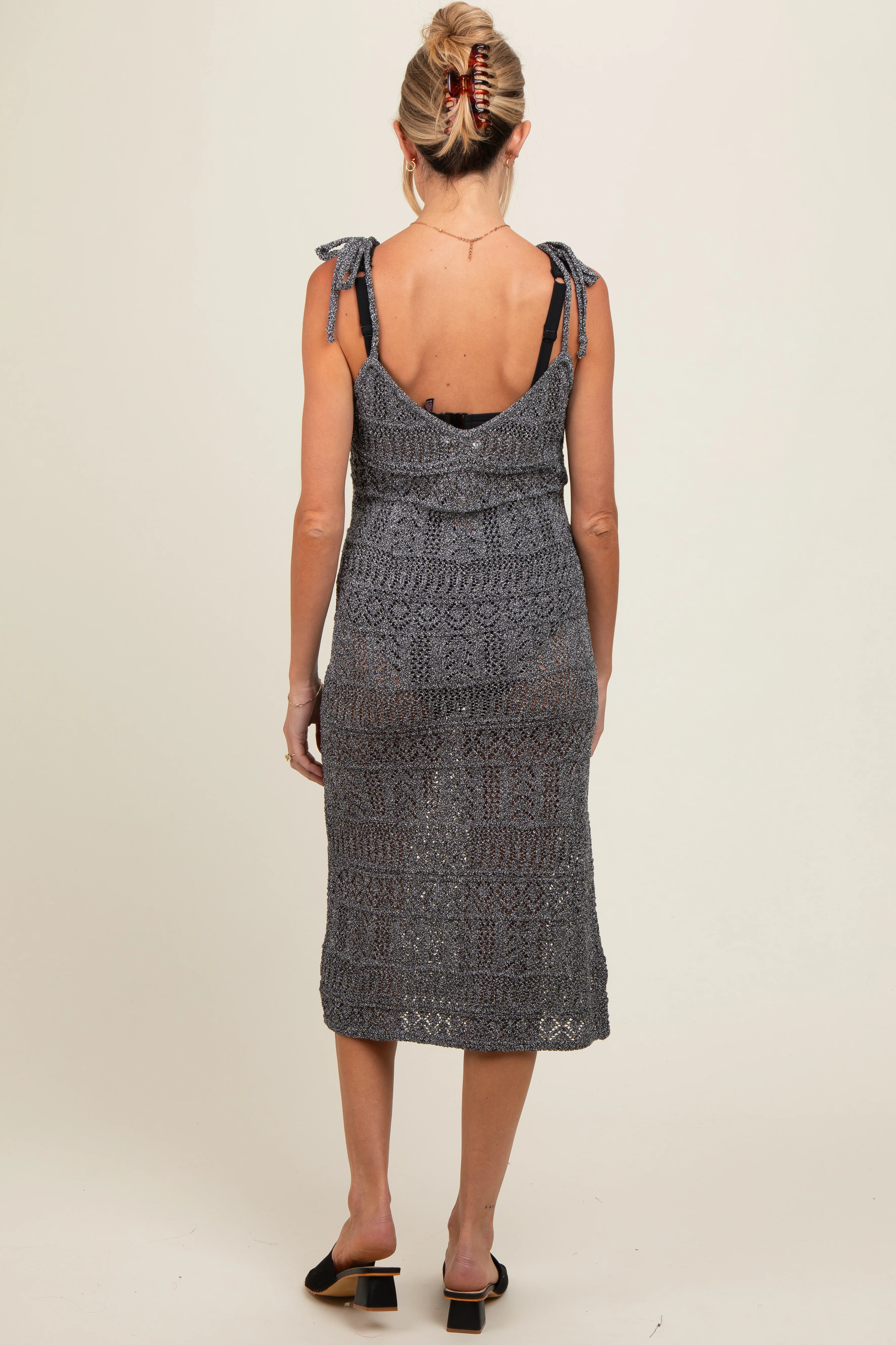 Charcoal V-Neck Shoulder Tie Crochet Maternity Cover Up - Image 4