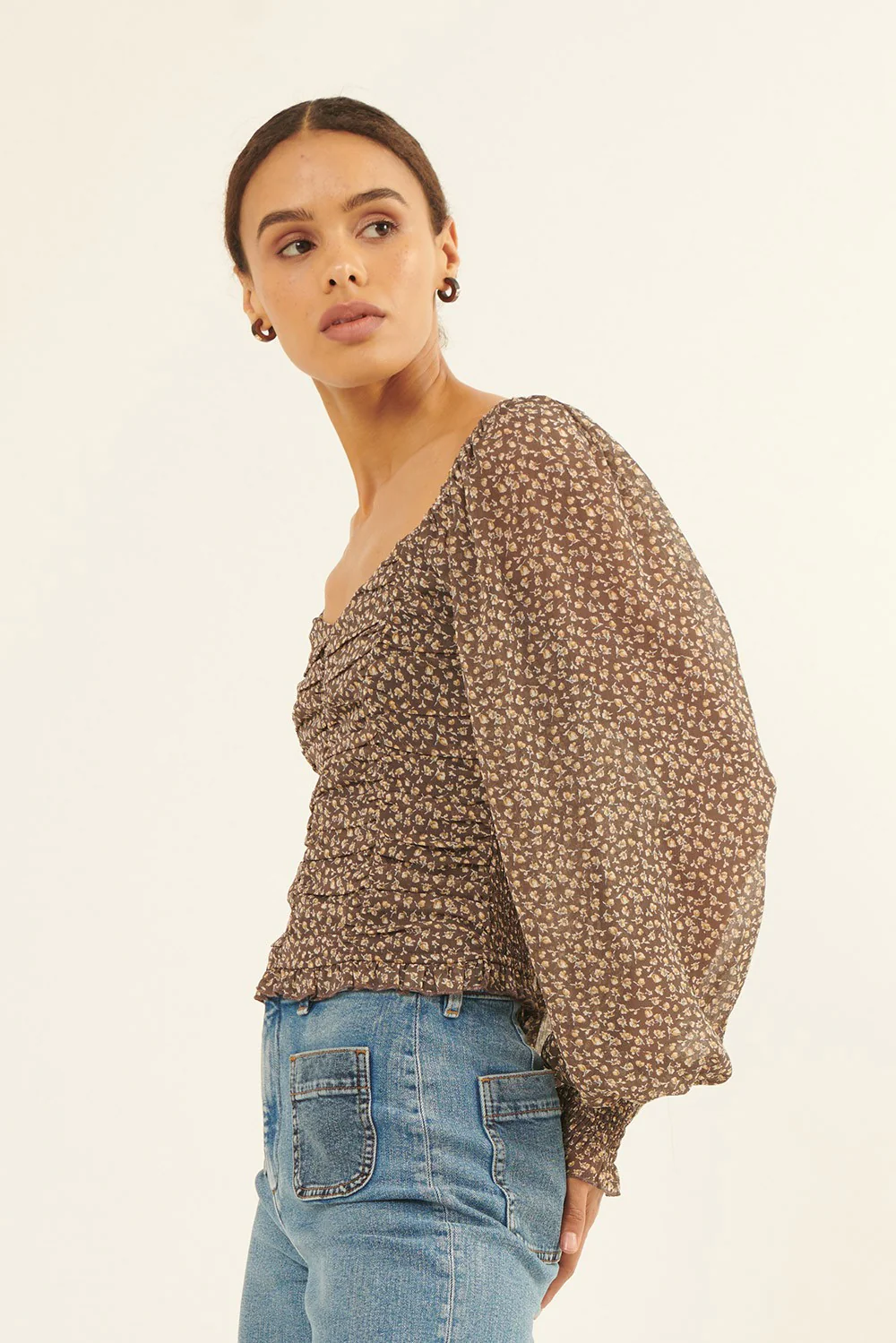Chestnut Floral Chiffon Ruched Long-Sleeve Peasant Top - Image 2