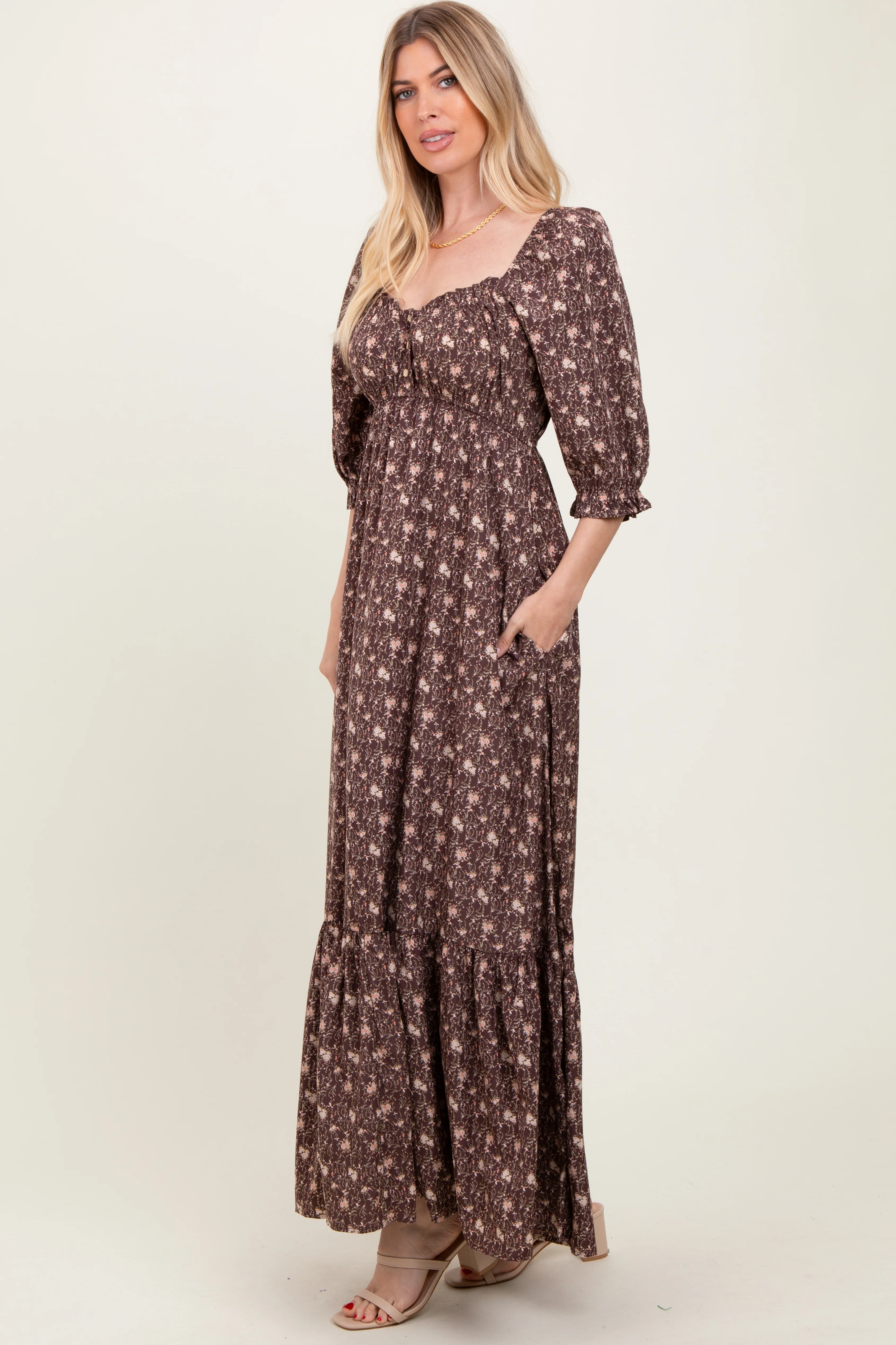 Chestnut Floral Sweetheart Neckline Maxi Dress - Image 3