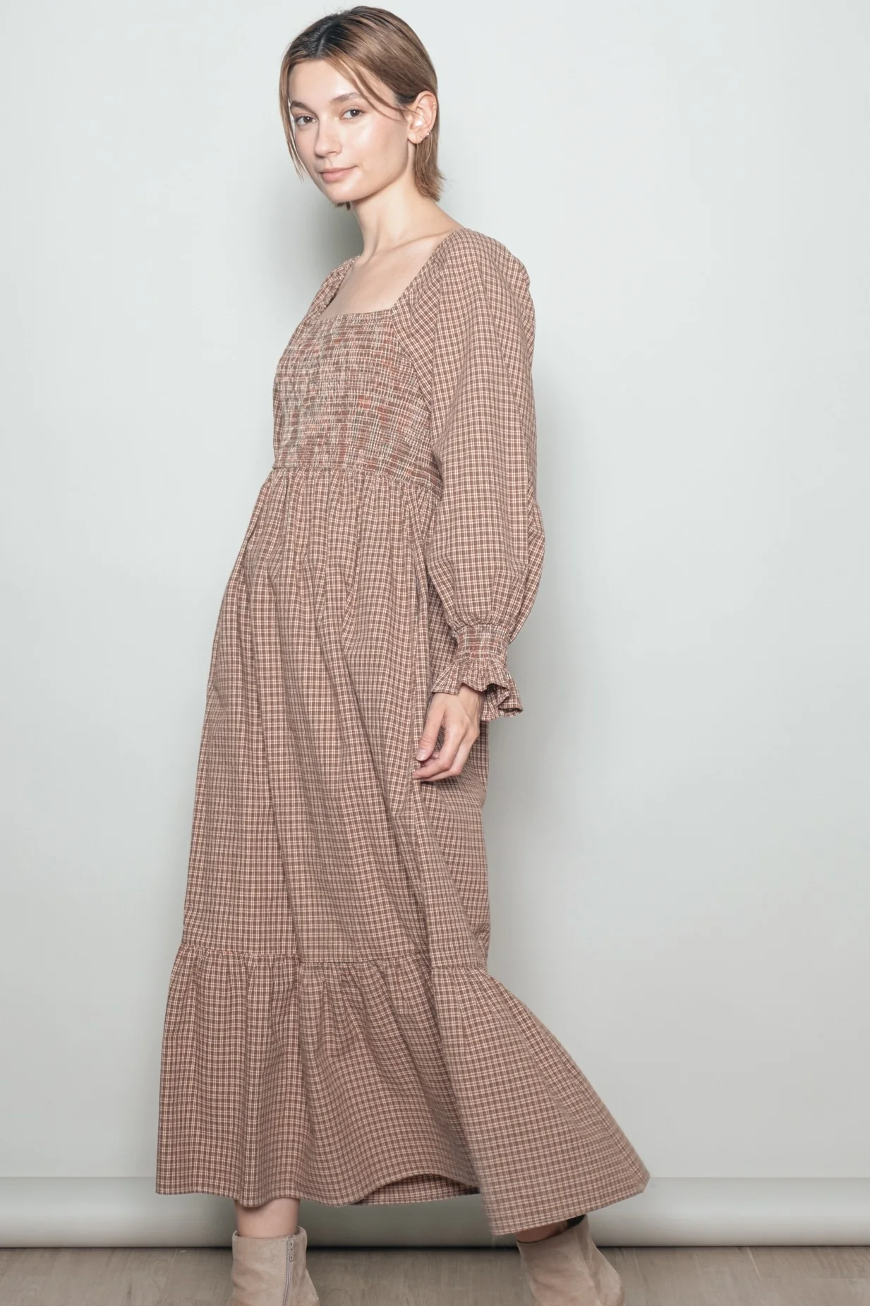 Chestnut Plaid Square Neck Long Sleeve Maxi Dress - Image 2