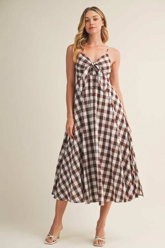 Chocolate Gingham Tie Front Racerback Midi Dress