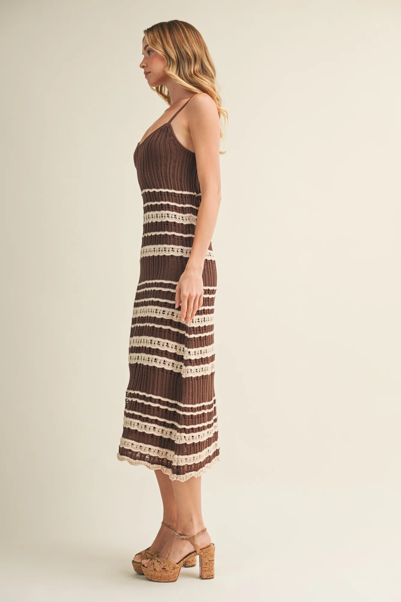 Chocolate Sleeveless Striped Crochet Dress - Image 3