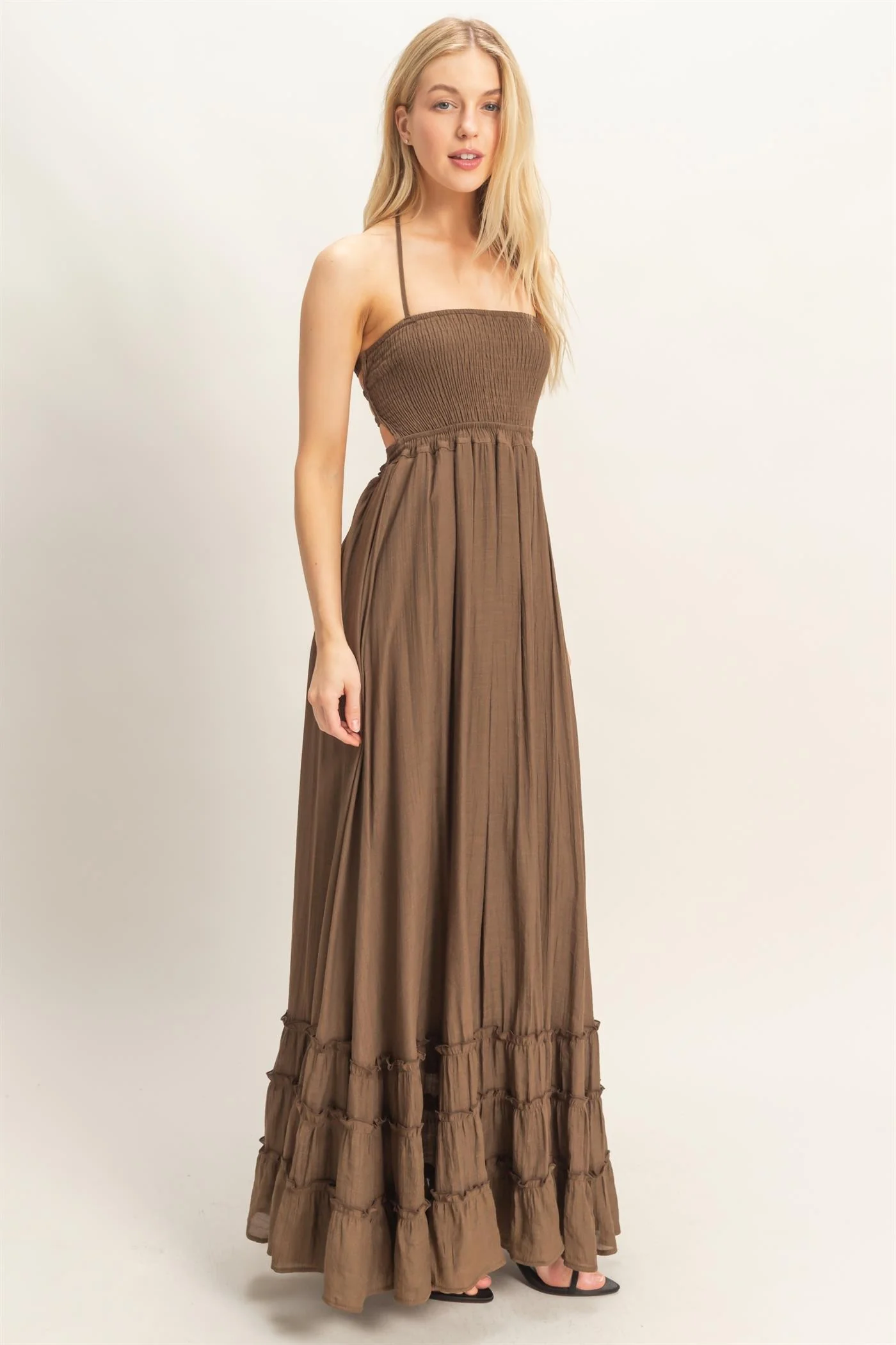 Chocolate Smocked Halter Open Back Maxi Dress - Image 3