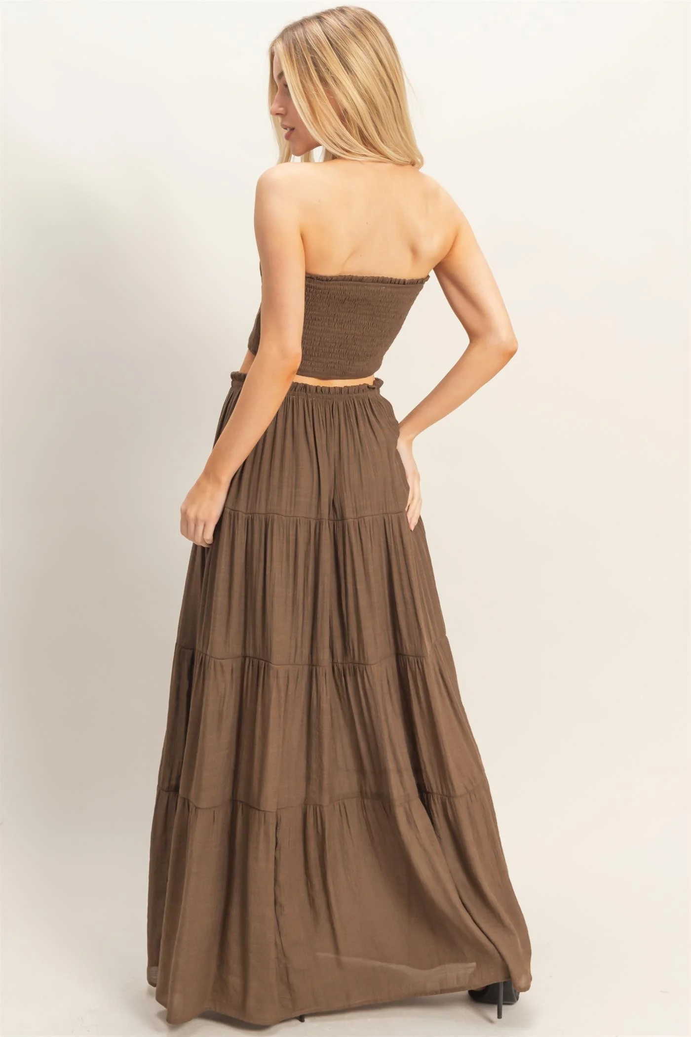 Chocolate Smocked Tube Top Tiered Skirt Set - Image 5