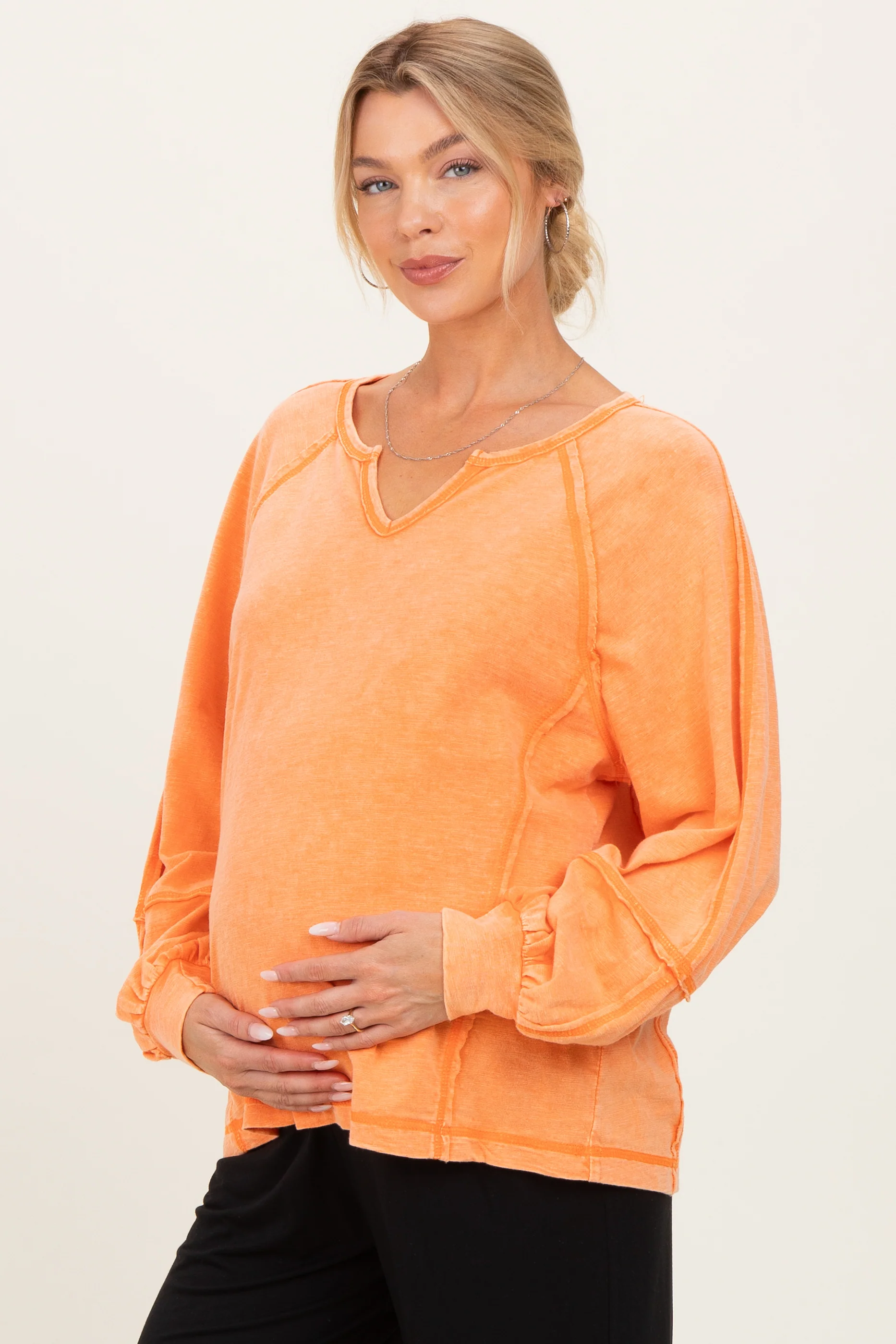 Citrus Orange Mineral Wash Exposed Seam Maternity Top - Image 3