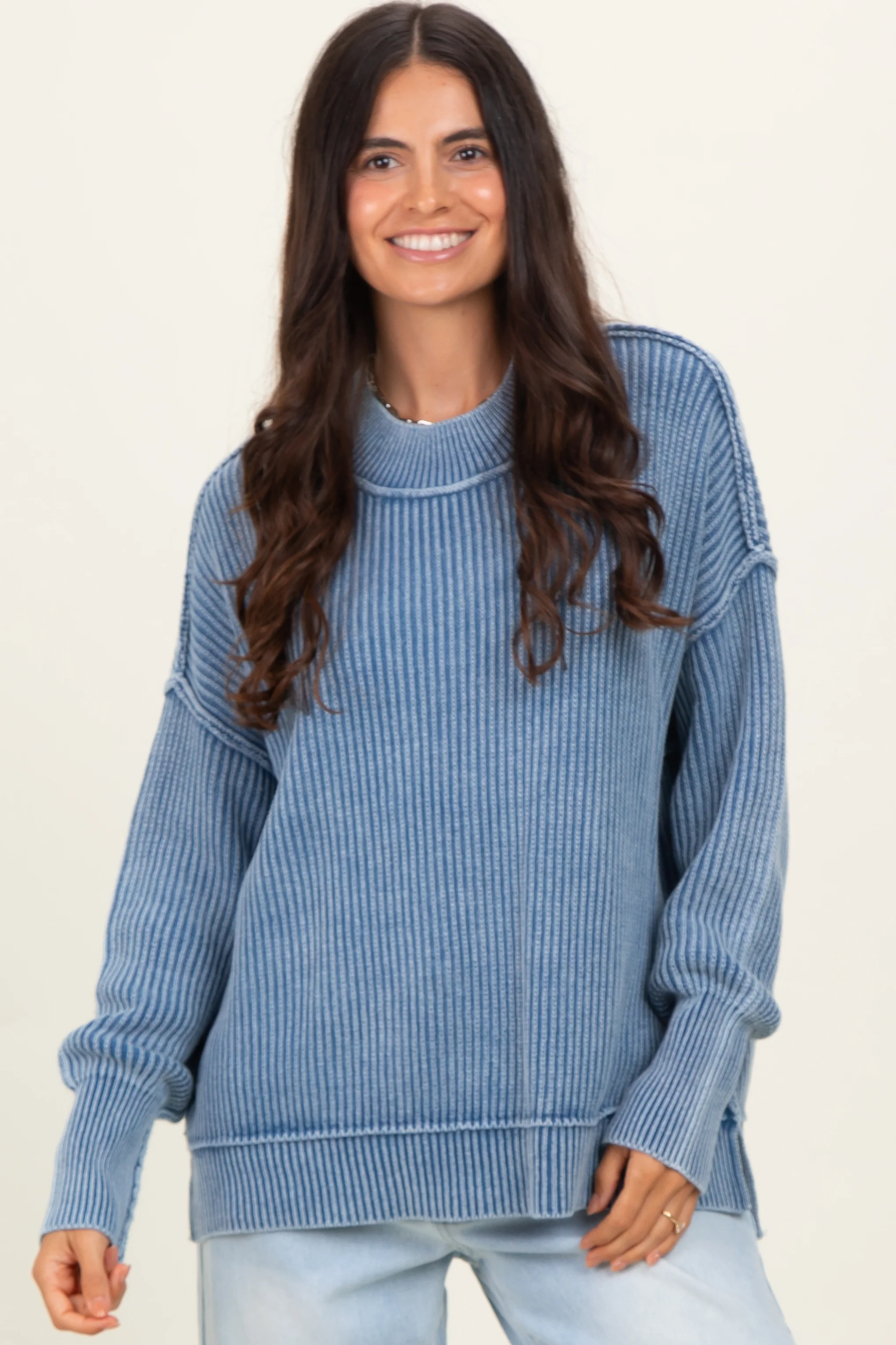 Classic Blue Washed Side Slit Oversized Maternity Sweater - Image 4