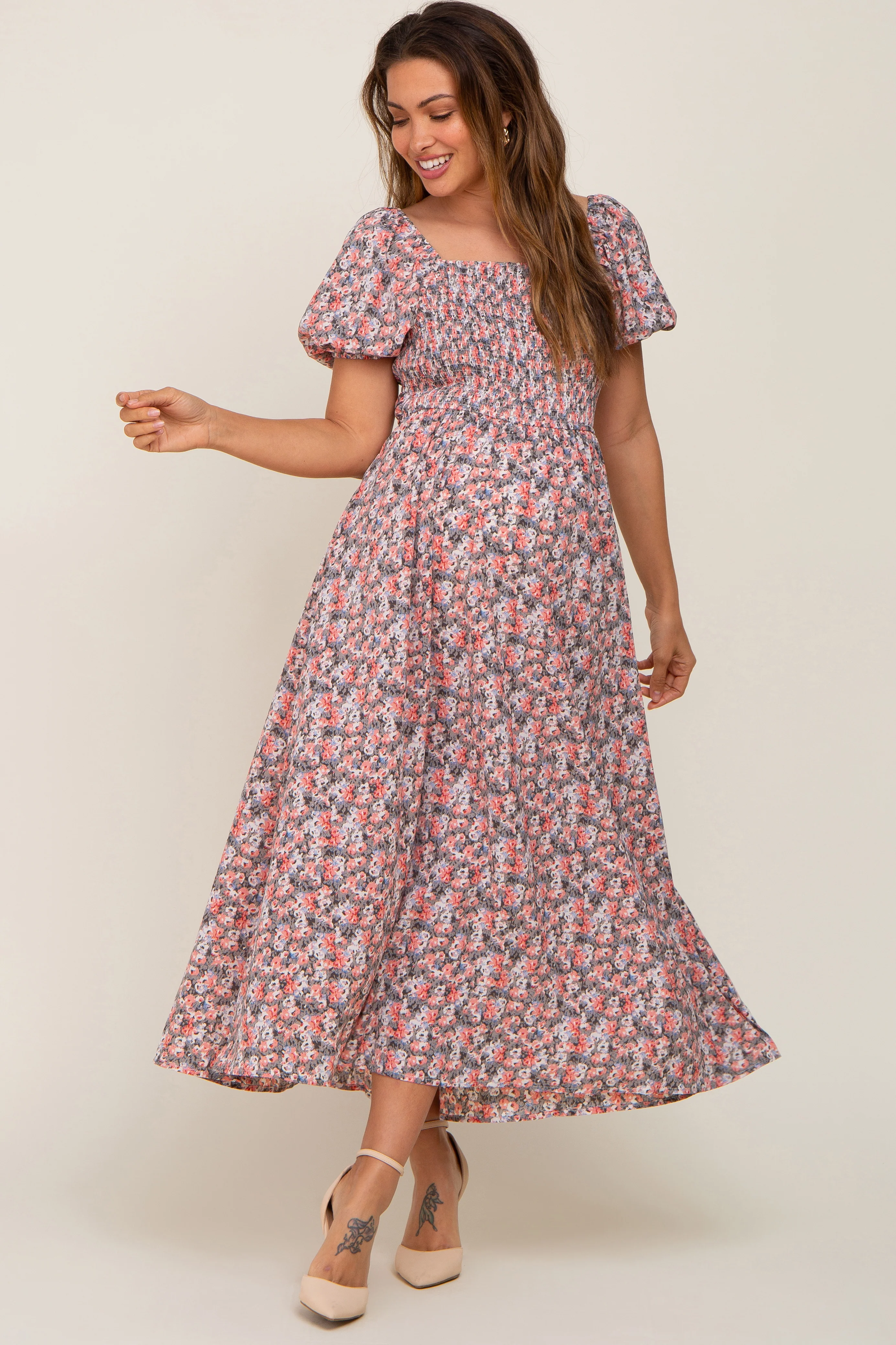 Coral Abstract Floral Smocked Maternity Midi Dress - Image 2