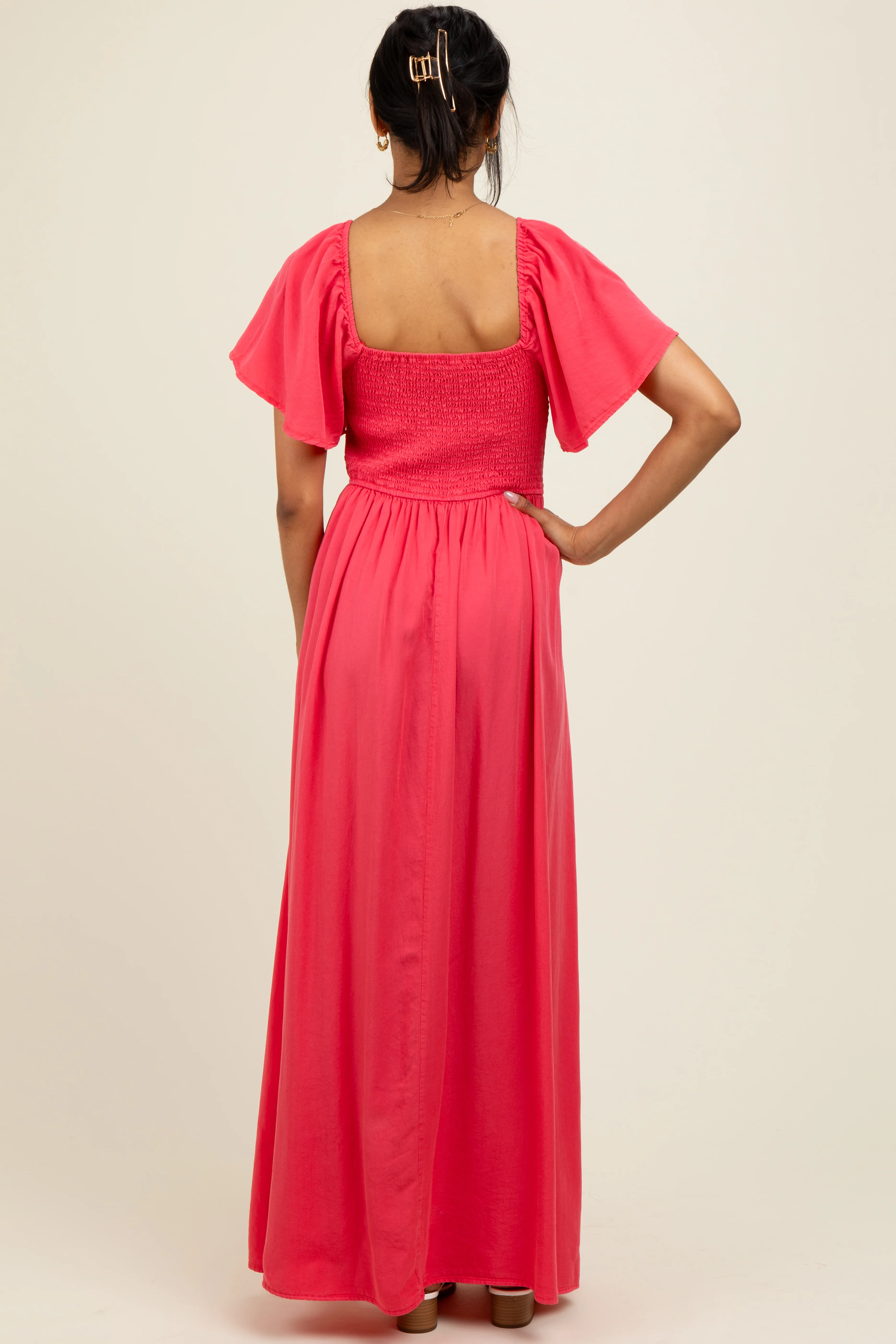 Coral Chambray Smocked Maxi Dress - Image 4