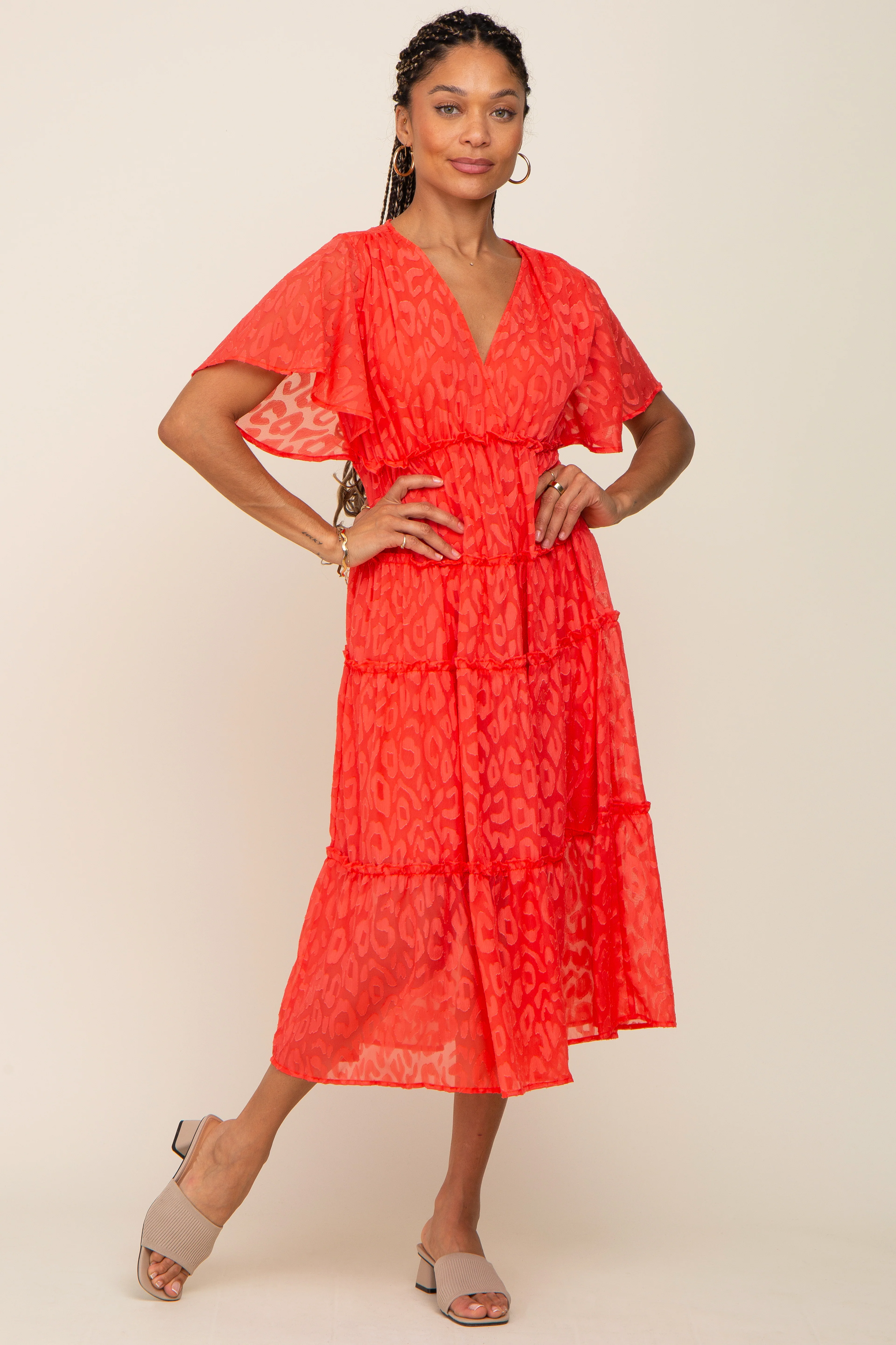 Coral Chiffon Animal Print Tiered Midi Dress - Image 5