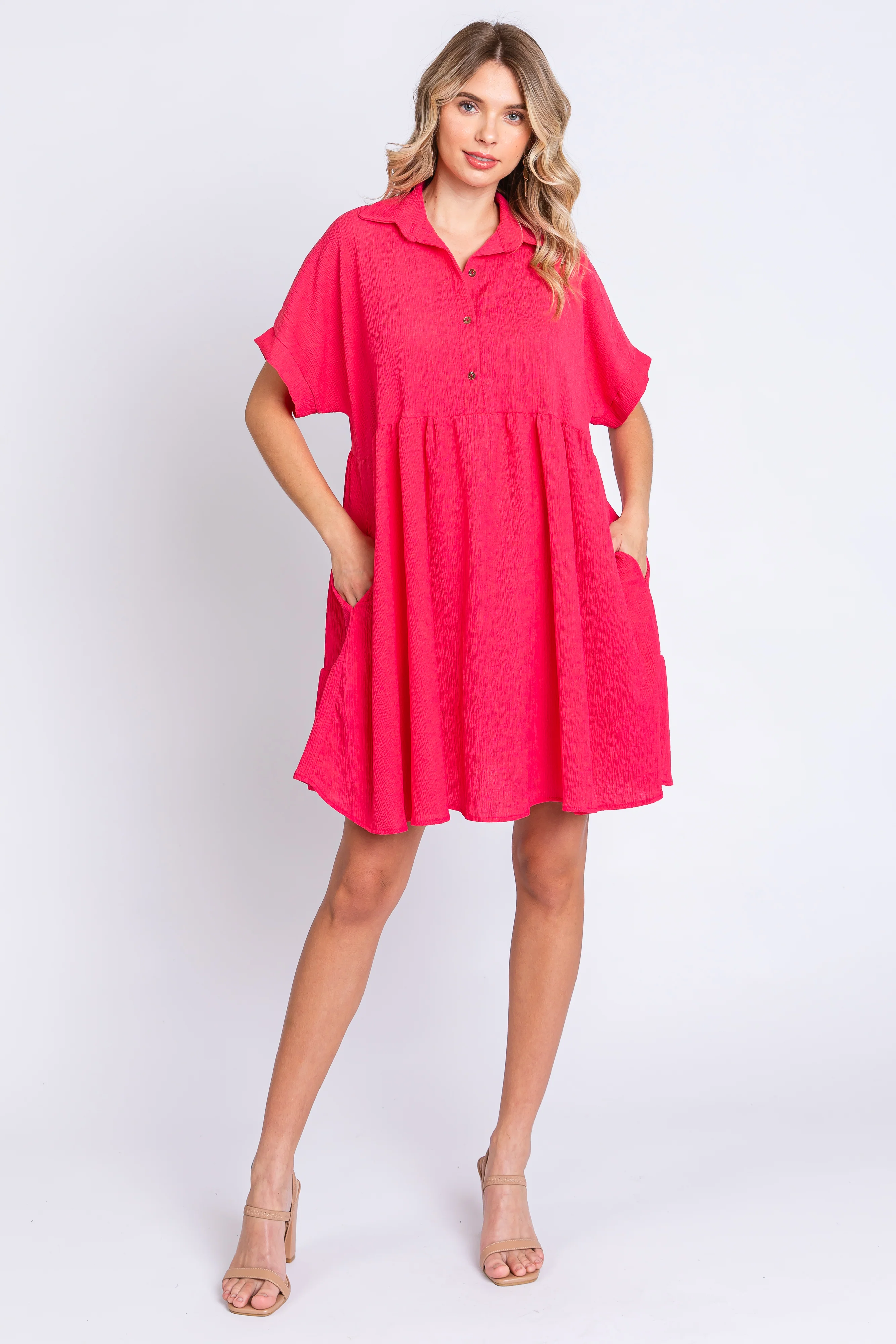 Coral Collared Button Front Short Sleeve Dress - Image 2