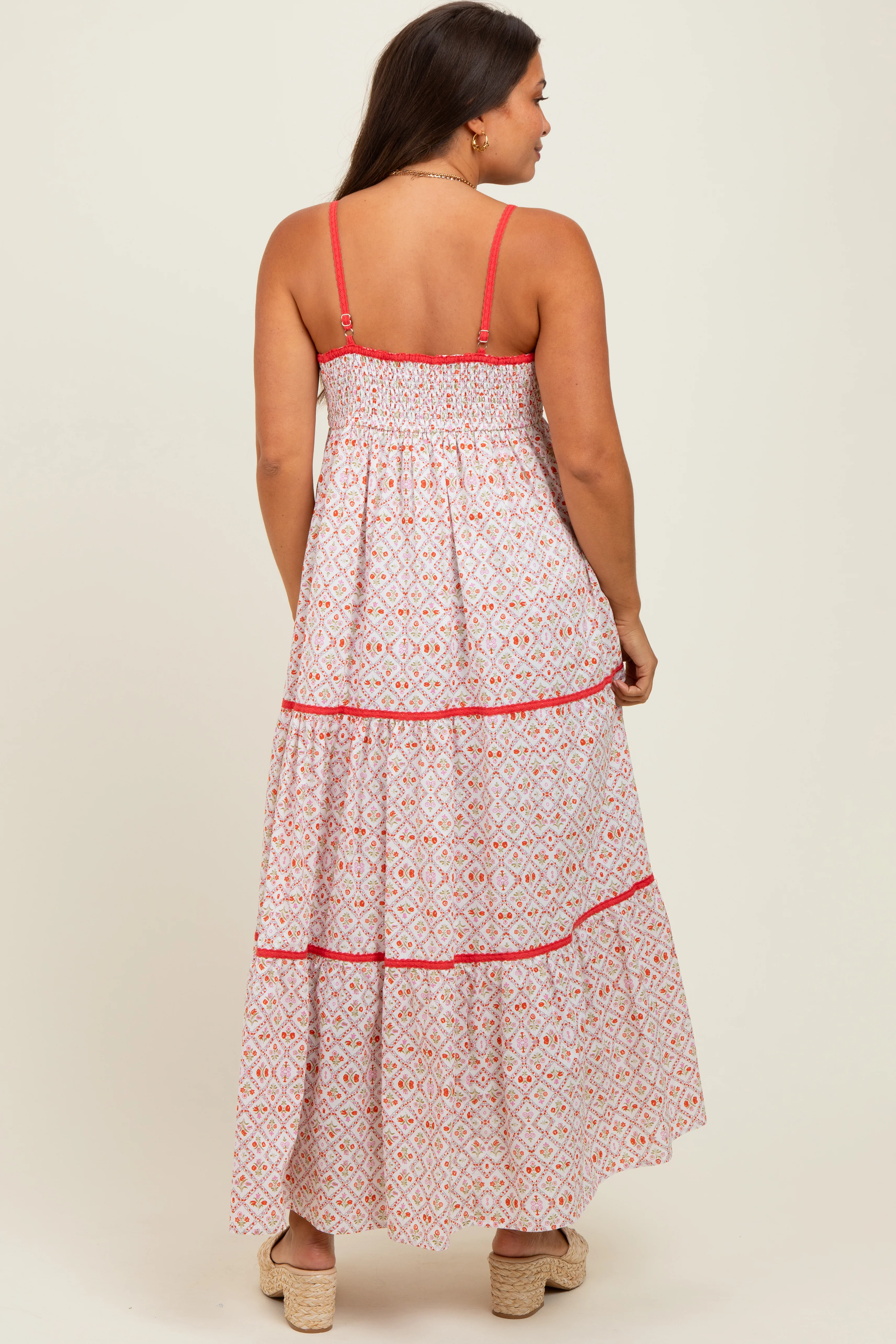 Coral Cotton Floral Maternity Maxi Dress - Image 3