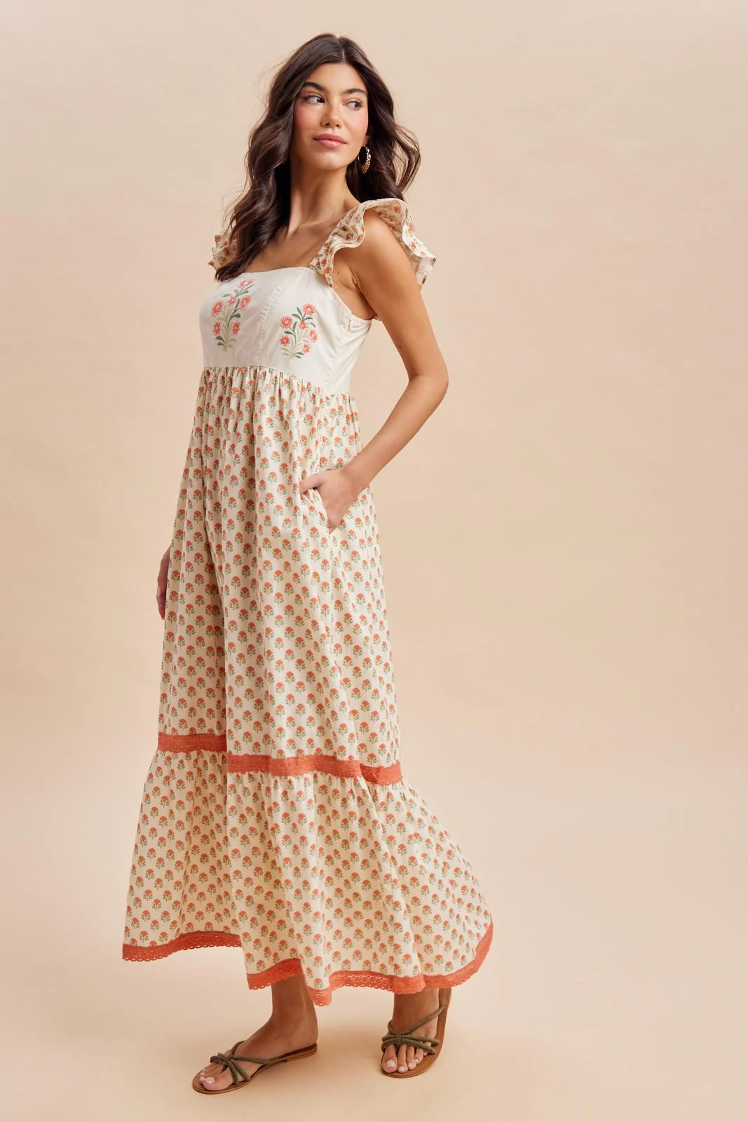 Coral Floral Embroidered Maxi Dress - Image 3