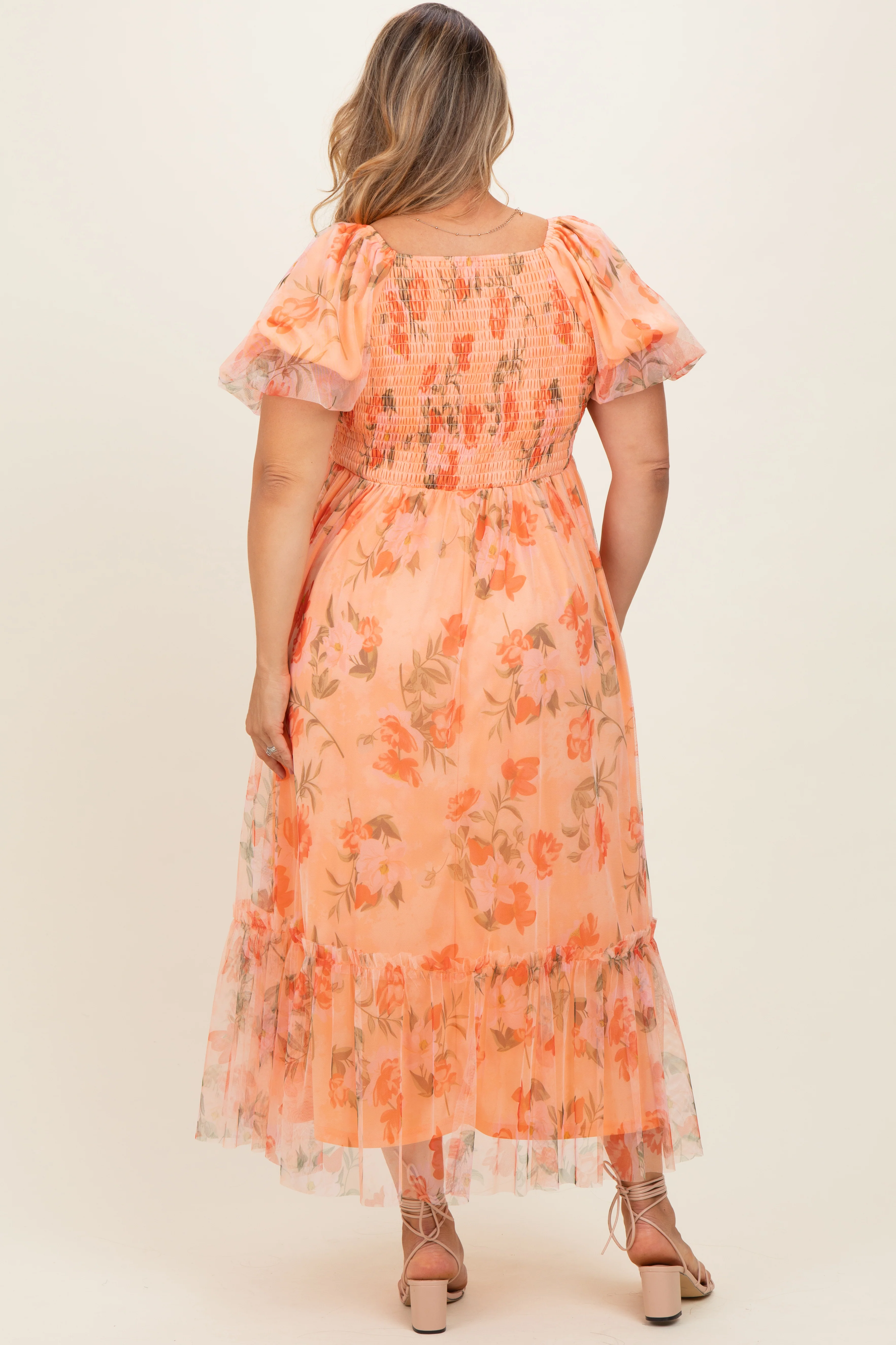 Coral Floral Puff Sleeve Maternity Plus Maxi Dress - Image 4