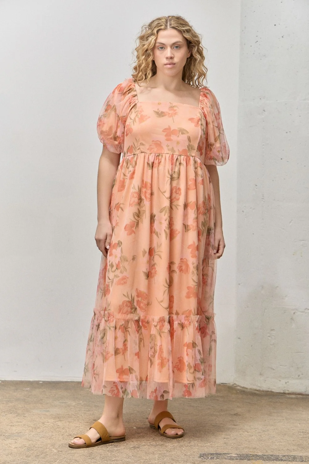 Coral Floral Puff Sleeve Plus Maxi Dress