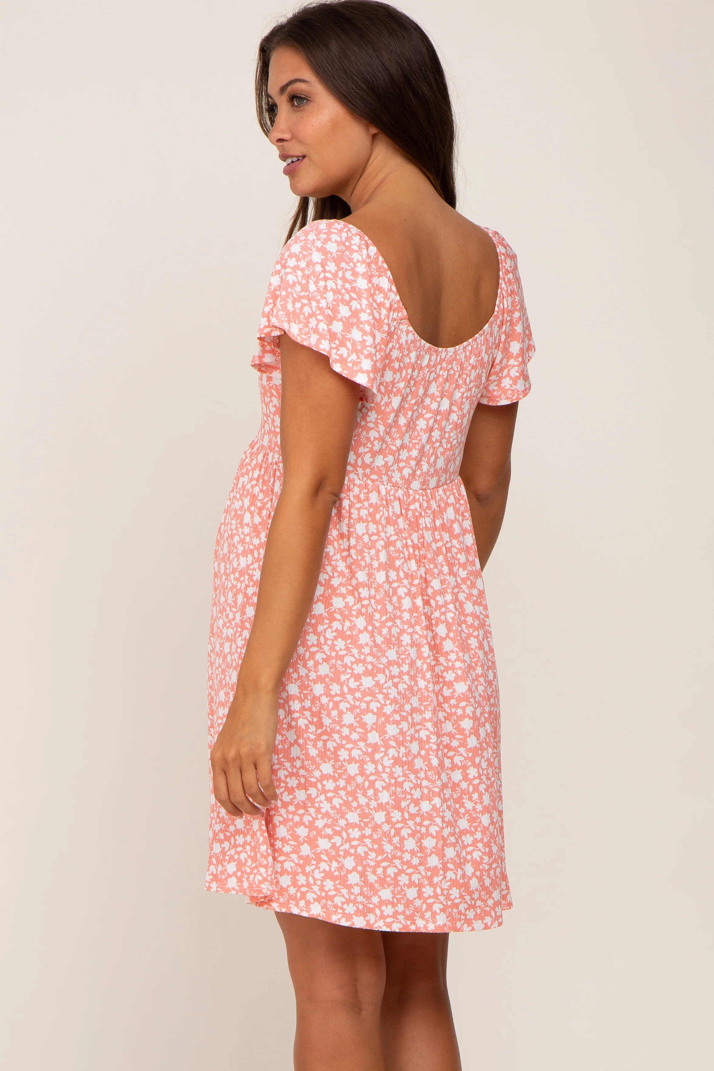 Coral Floral Ribbed Sweetheart Neck Ruched Front Maternity Dress - Image 3